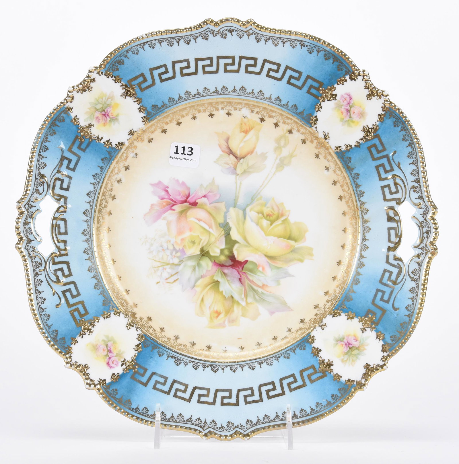 Cake plate, unmarked Prussia: Cake plate, unmarked Prussia; 12" ; Cream with blue border, yellow rose decor, nice gold stencil highlights; Hopper Collection, Kansas