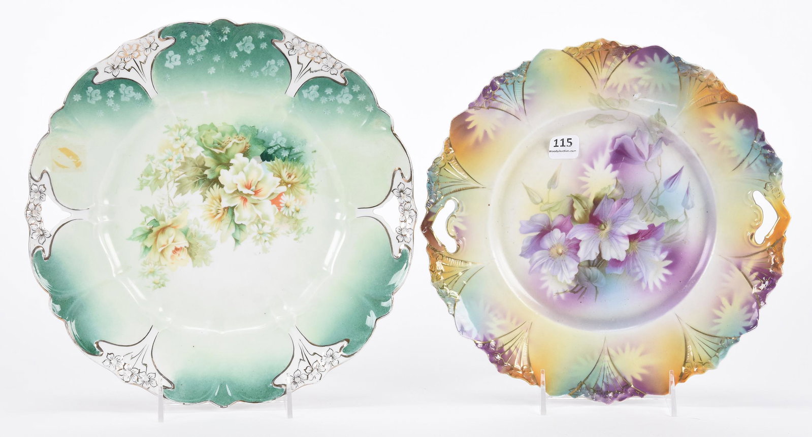 (2) Cake plates, unmarked Prussia: (2) Cake plates, unmarked Prussia; 11.25", 10.5" ; (1) 11.25", green tones with multi-floral decor; (1) 10.5", green, brown, yellow and lavender tones with violet decor ; Hopper Collection, Kansas