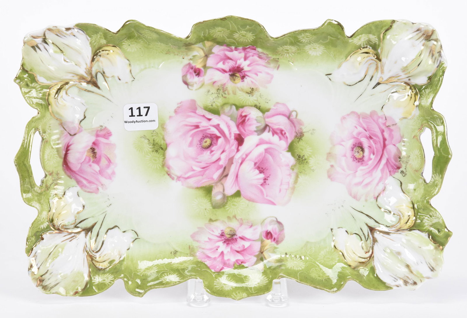 Dresser tray marked R.S. Prussia: Dresser tray marked R.S. Prussia; 11" Iris mold, green tones with pink poppy decor ; Hopper Collection, Kansas