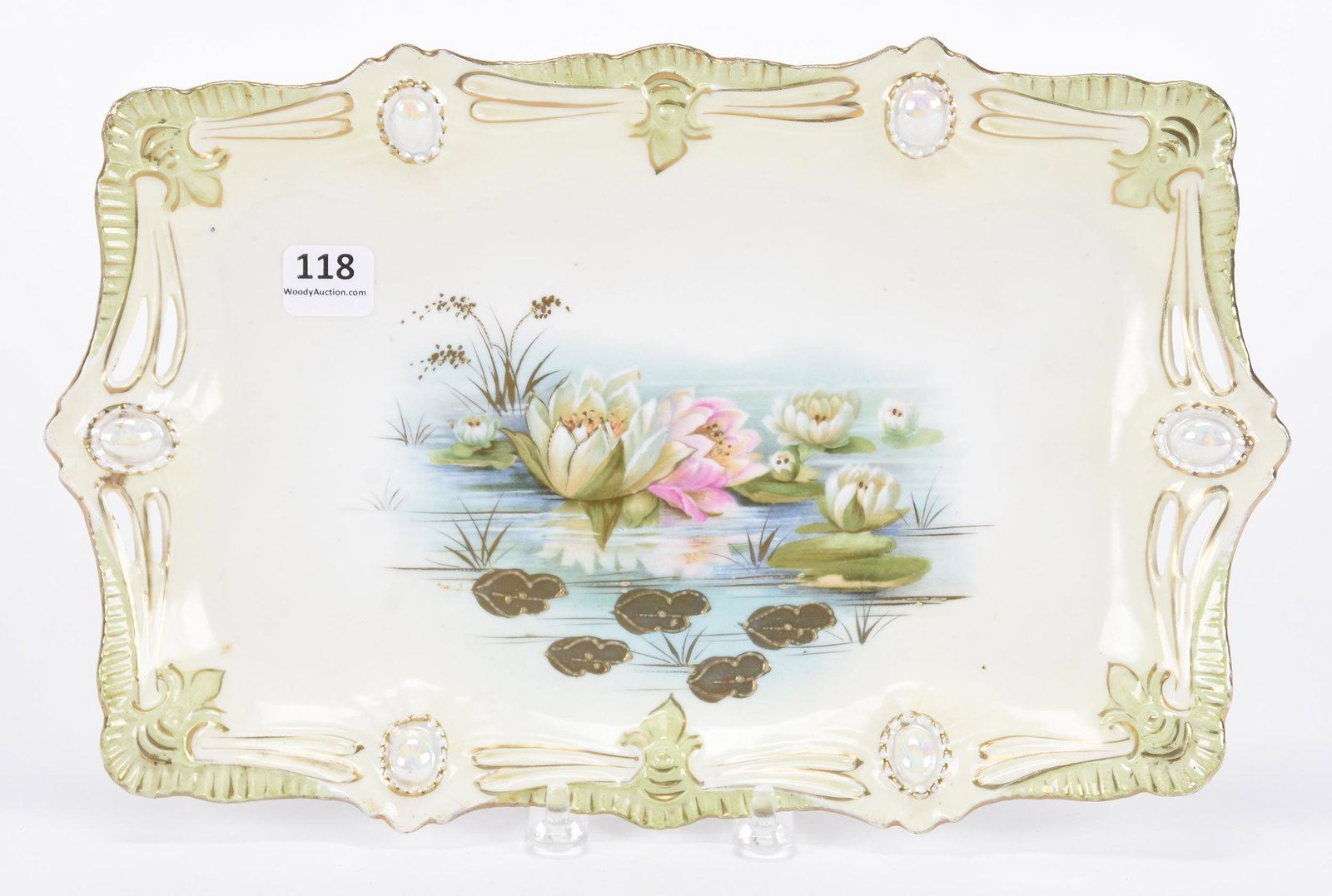 Dresser tray marked R.S. Prussia: Dresser tray marked R.S. Prussia; 12" Ribbon and jewel mold, cream and green tones, waterlily decor, opal jewels; Hopper Collection, Kansas
