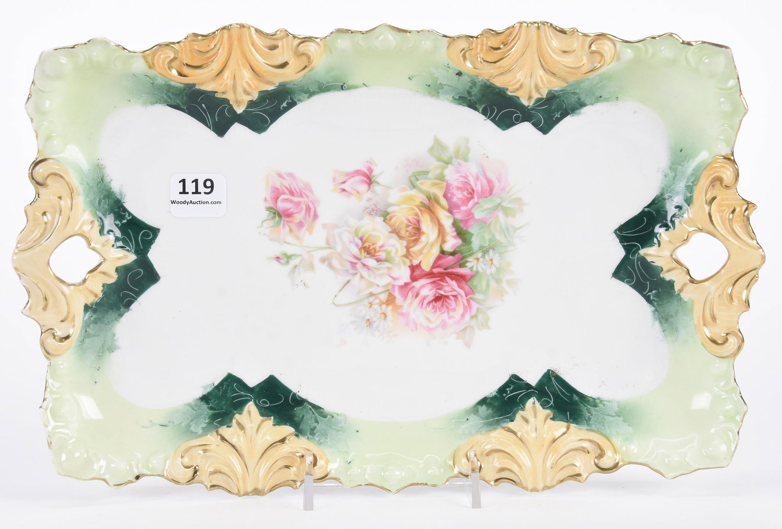 Dresser tray marked R.S. Prussia: Dresser tray marked R.S. Prussia; 11.75" Fleur de lys mold, white, green and cream tones with rose decor; Hopper Collection, Kansas