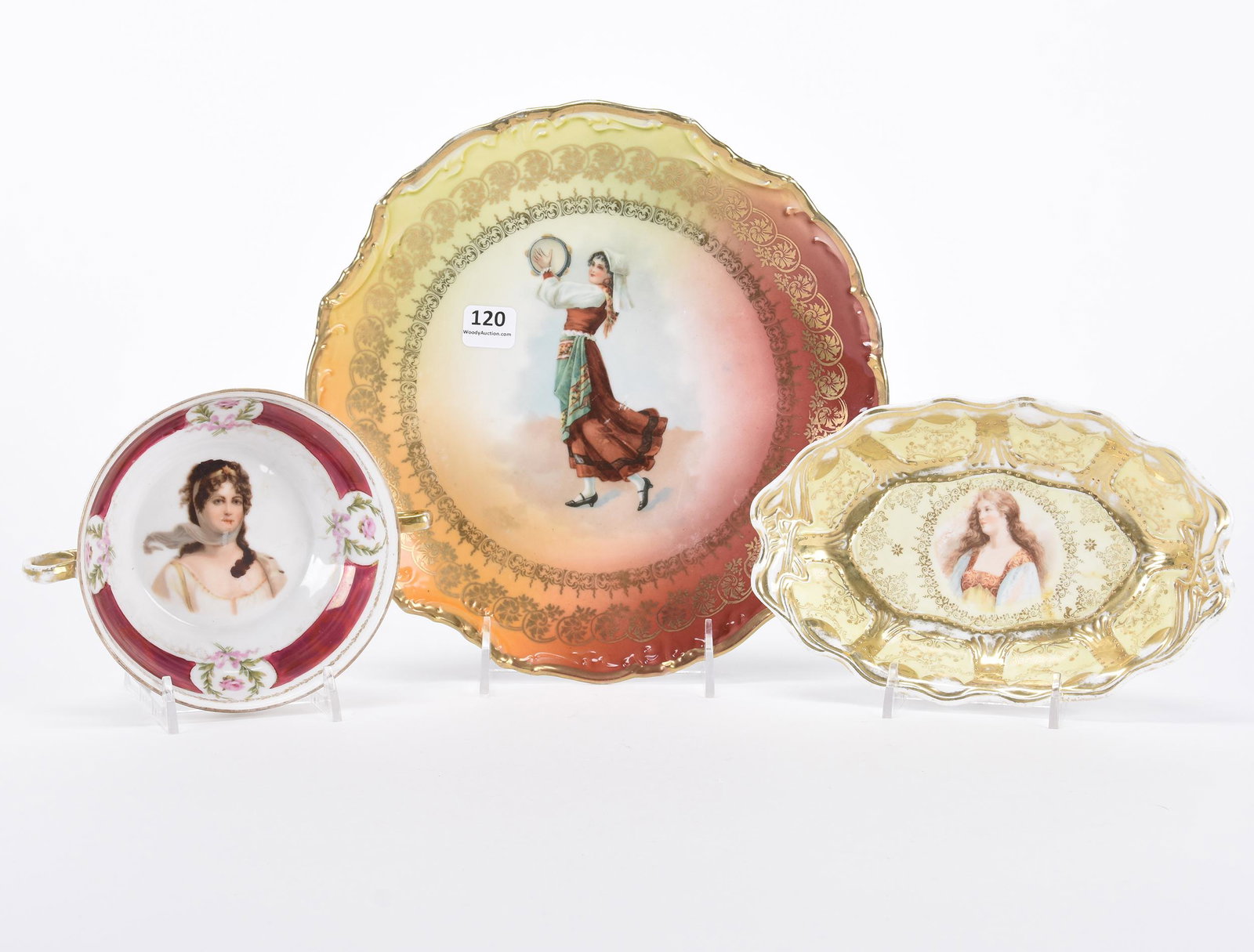 (3) Prussia style items: (3) Prussia style items; 9.5", 7.5", 5" (1) 9.5" plate, marked Germany, green and brown tones with young tambourine girl decor; (1) 7.5" relish, marked O.S. (Prussia) St. Killian, portrait of young wo