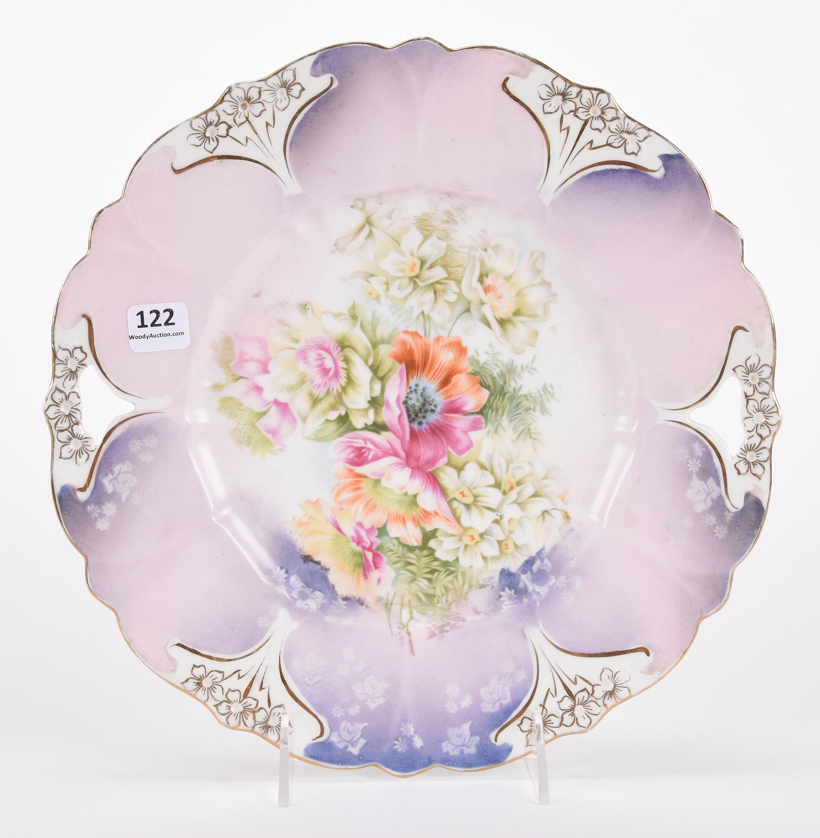 Cake plate, unmarked Prussia: Cake plate, unmarked Prussia; 10.5" ; Lavender tones with wild floral decor ; Hopper Collection, Kansas