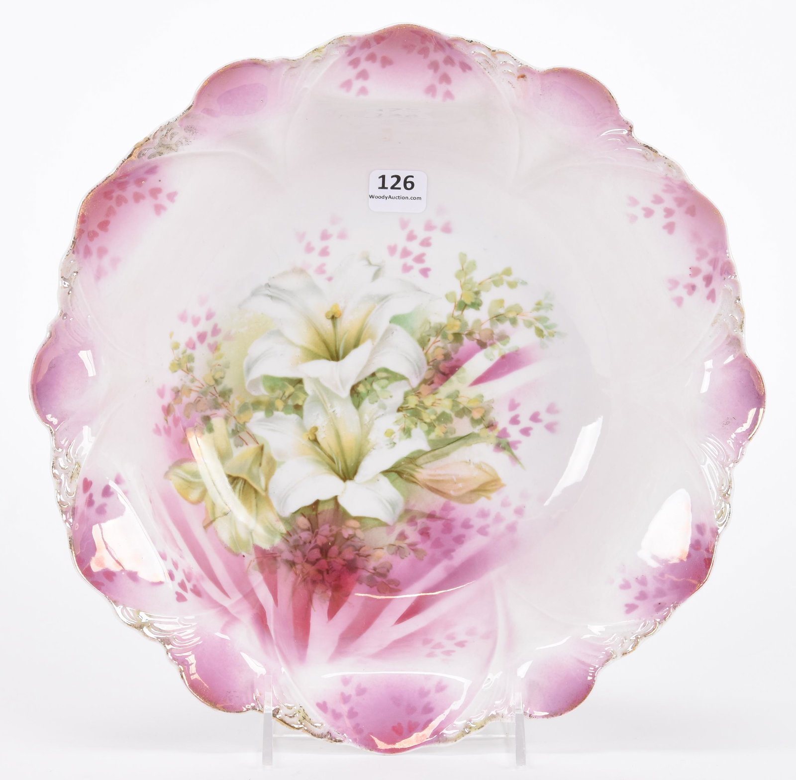 Bowl marked R.S. Prussia: Bowl marked R.S. Prussia; 10.75" White and pink lustre finish with Easter lily decor; Hopper Collection, Kansas