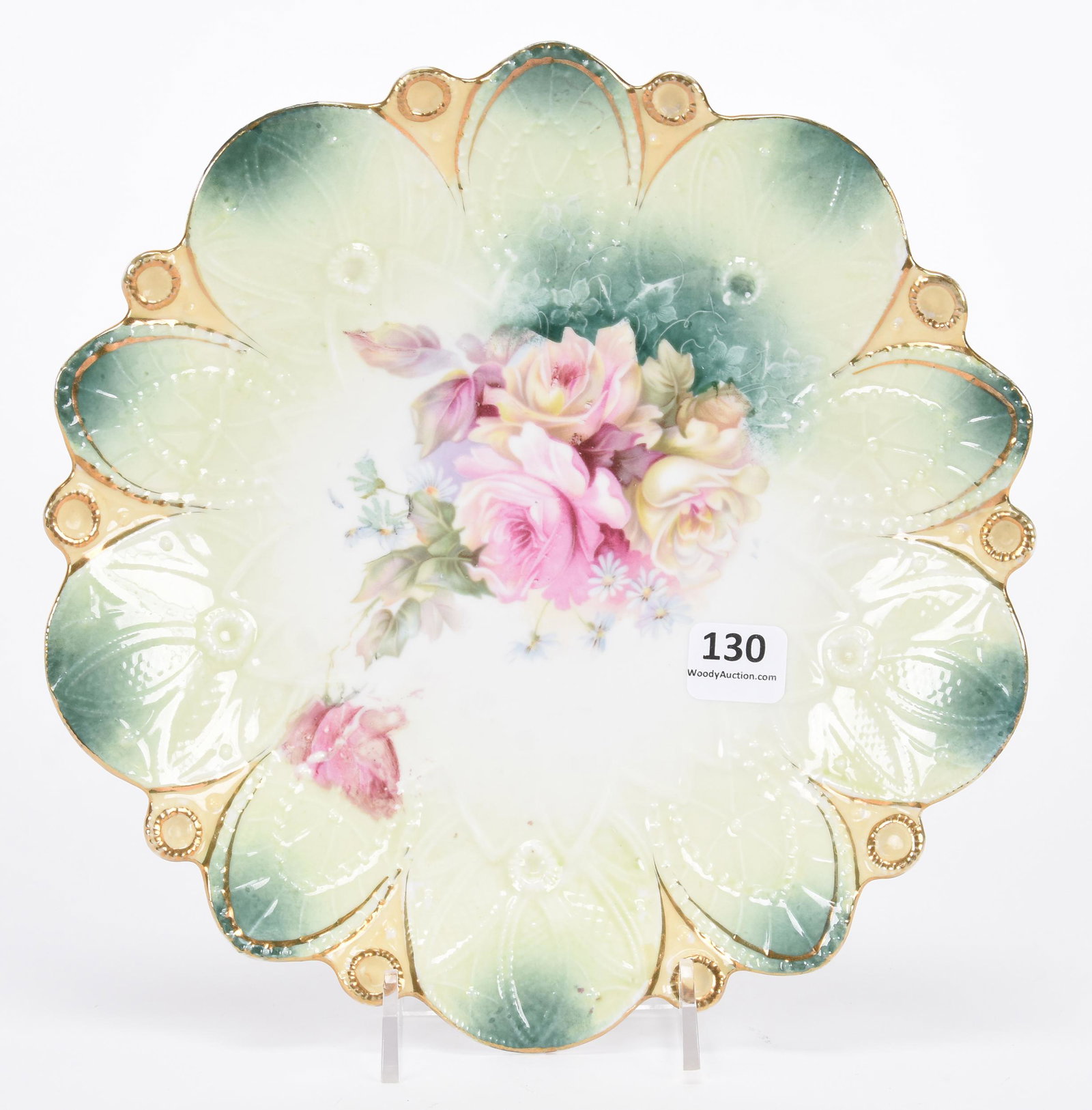 Plate, unmarked Prussia: Plate, unmarked Prussia; 8.75" Elaborate geometric mold, green, cream and white tones with yellow rose decor; Hopper Collection, Kansas
