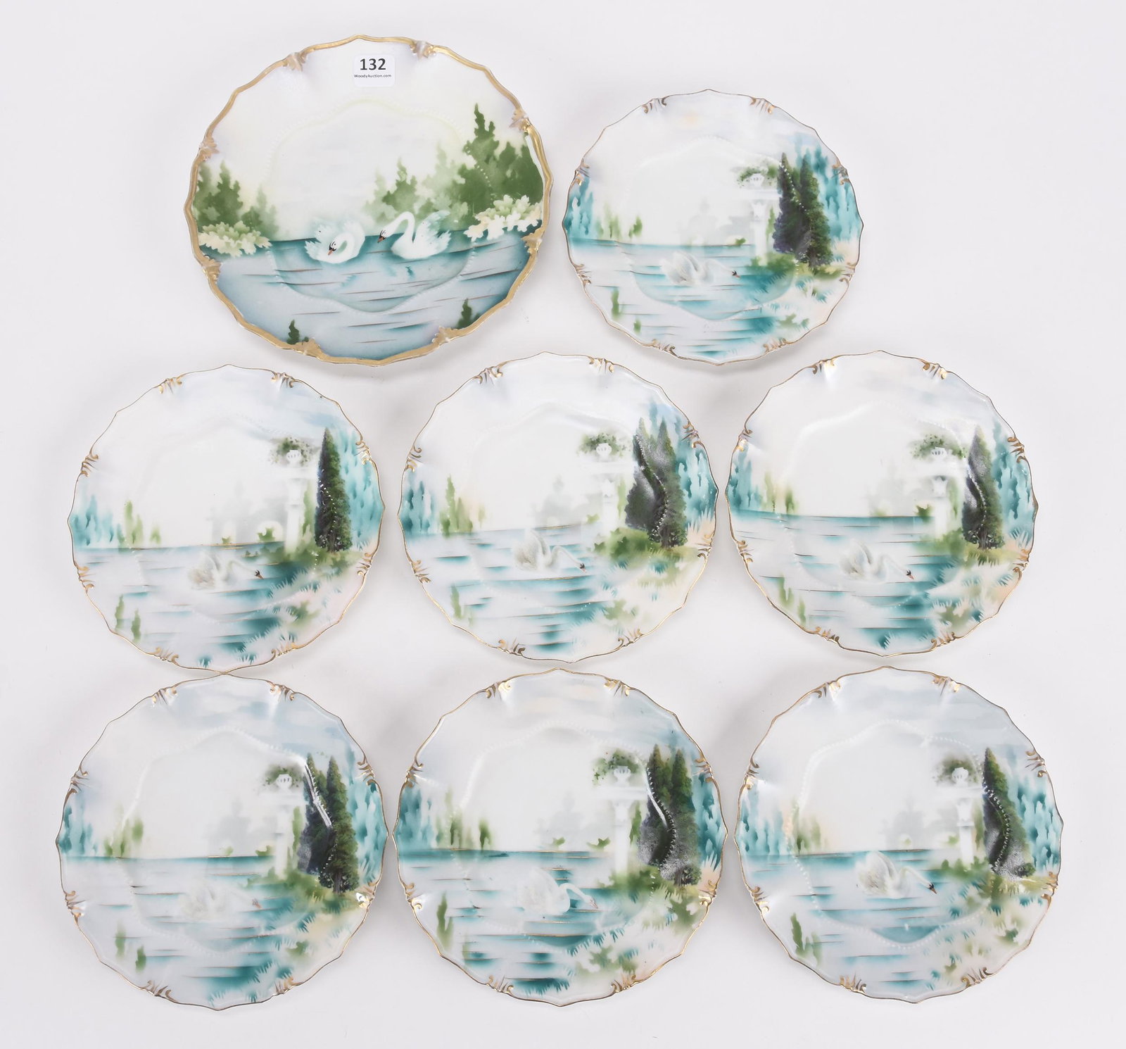 (8) Piece dessert set marked R.S. Prussia: (8) piece dessert set marked R.S. Prussia; 7.5", 6" (1) 7.5" plate with (7) matching 6" plates, satin finish with stylized swan decor ; Hopper Collection, Kansas