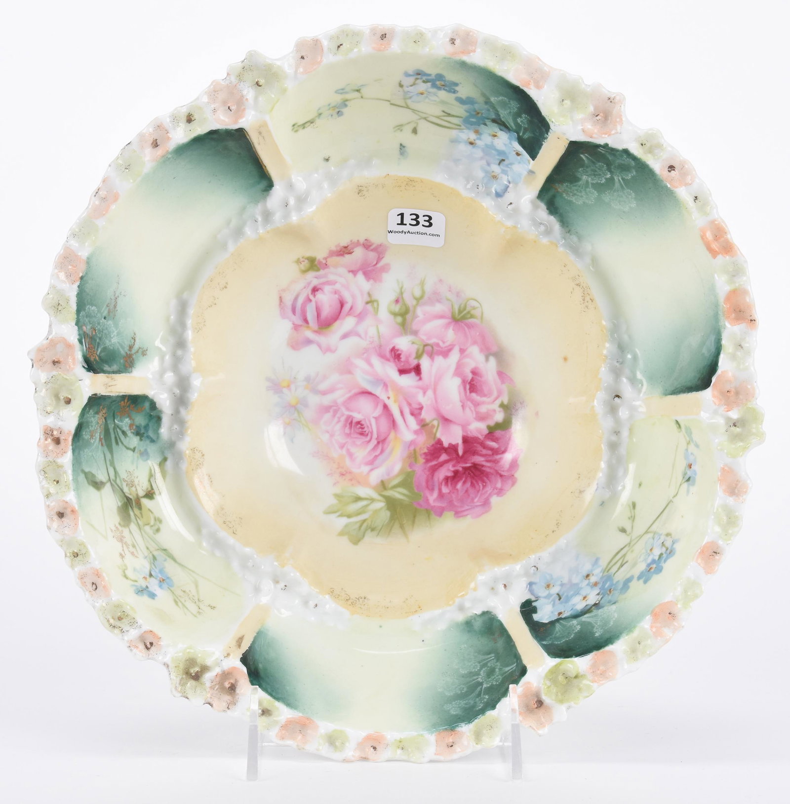 Bowl marked R.S. Prussia: Bowl marked R.S. Prussia; 10.5" Cream, green and yellow tones with pink rose decor; Hopper Collection, Kansas