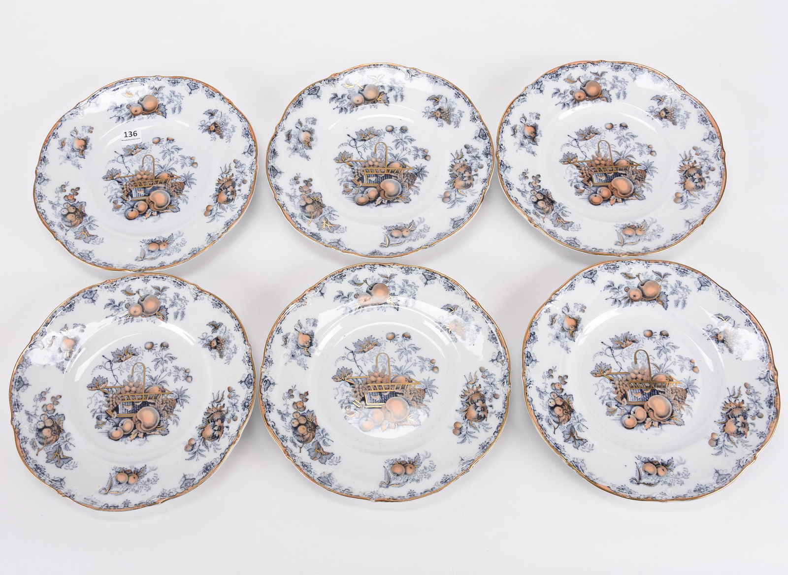 (6) Dinner plates, flow blue: (6) Dinner plates, flow blue; 9.5" Fruit basket flow blue pattern by Charles Meigh, circa 1840's, polychromatic highlights ; Hopper Collection, Kansas