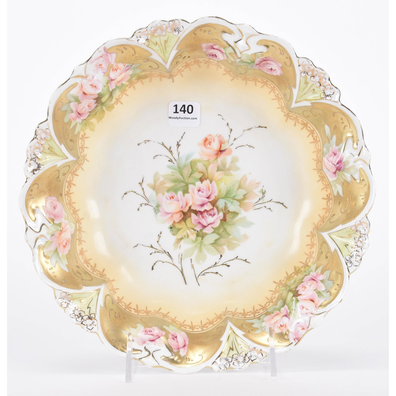 Bowl, unmarked Prussia: Bowl, unmarked Prussia; 9.25" Cream with heavy gold border and rose decor; Hopper Collection, Kansas