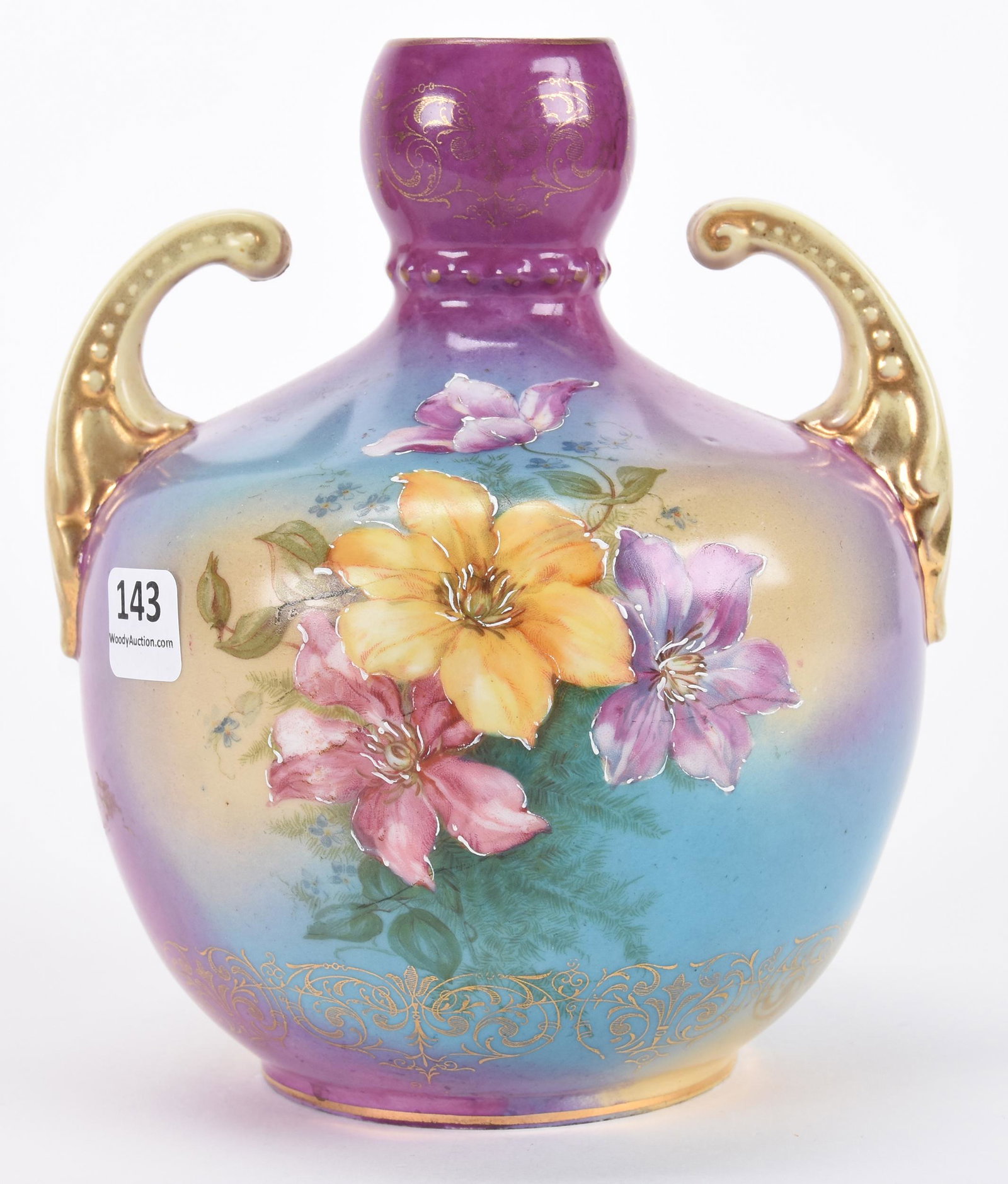 Two-handled vase marked Royal Saxe E.S. Germany: Two-handled vase marked Royal Saxe E.S. Germany; 6.75" Lavender, blue and cream tones with floral decor; Hopper Collection, Kansas