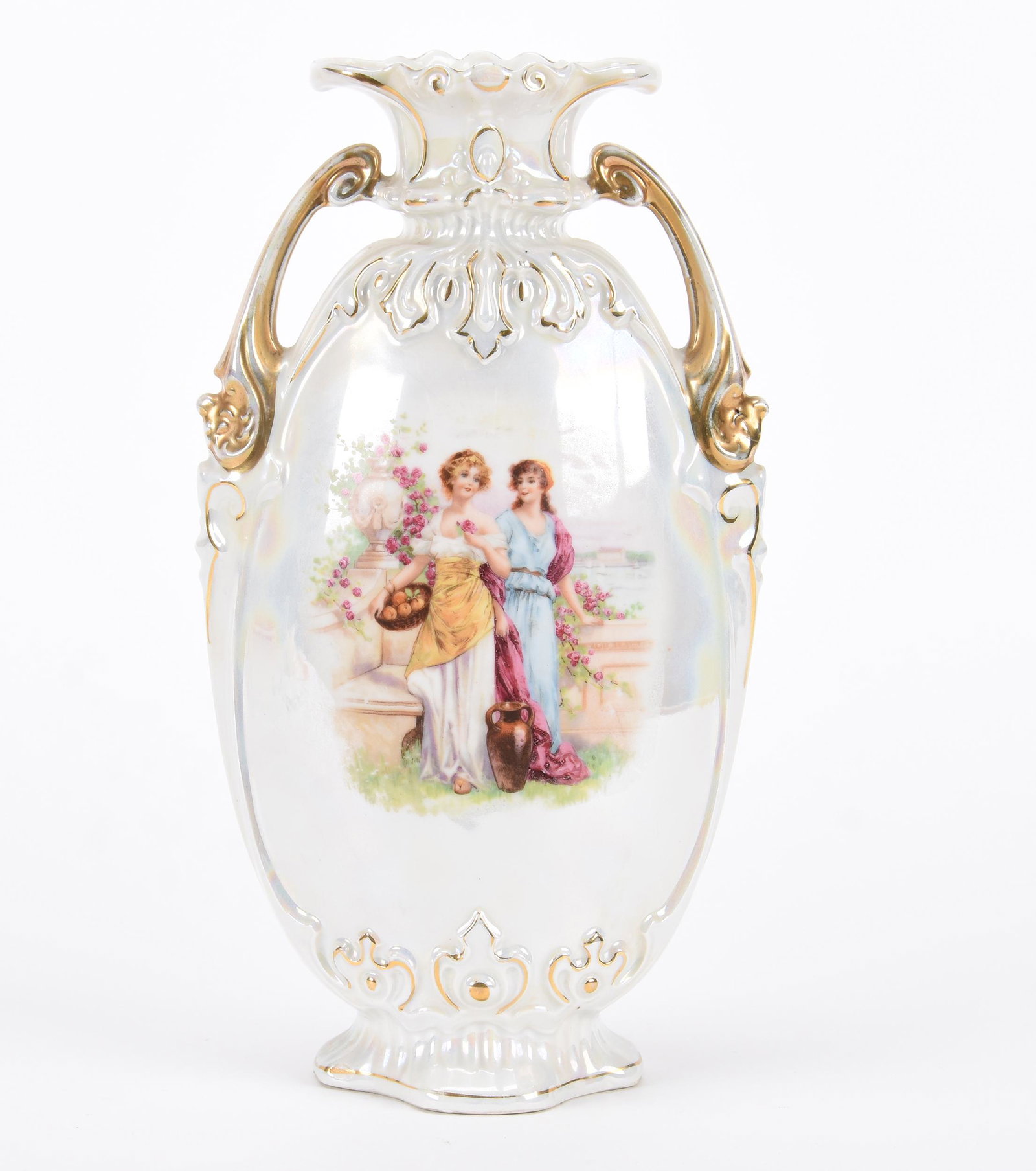 Two-handled vase marked Victoria Czechoslovakia: Two-handled vase marked Victoria Czechoslovakia; 11.75" Pearlized white background with scene of two women near terrace; Hopper Collection, Kansas