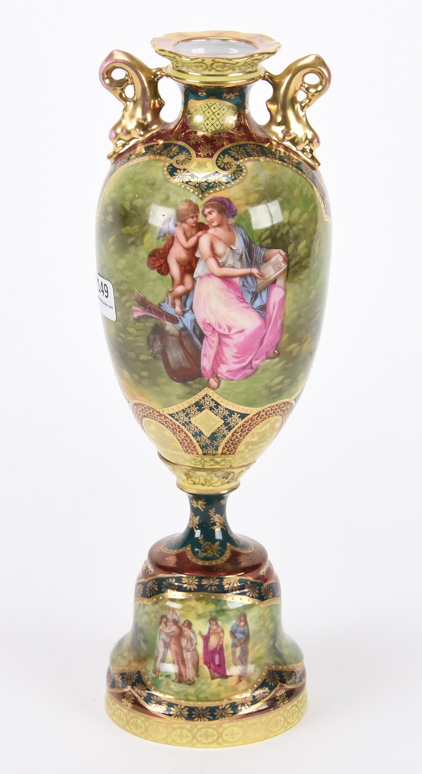 Pedestal urn marked beehive Austria: Pedestal urn marked beehive Austria; 12" Classic scenes with maroon, green and yellow trim, strong gold stencil highlights; Hopper Collection, Kansas