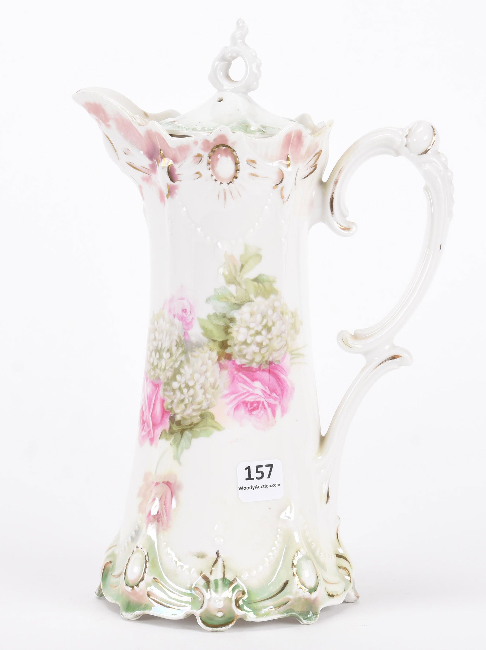 Chocolate pot marked R.S. Prussia: Chocolate pot marked R.S. Prussia; 10.25" Ribbon and jewel mold, white and green lustre finish, snowball and rose decor; Hopper Collection, Kansas