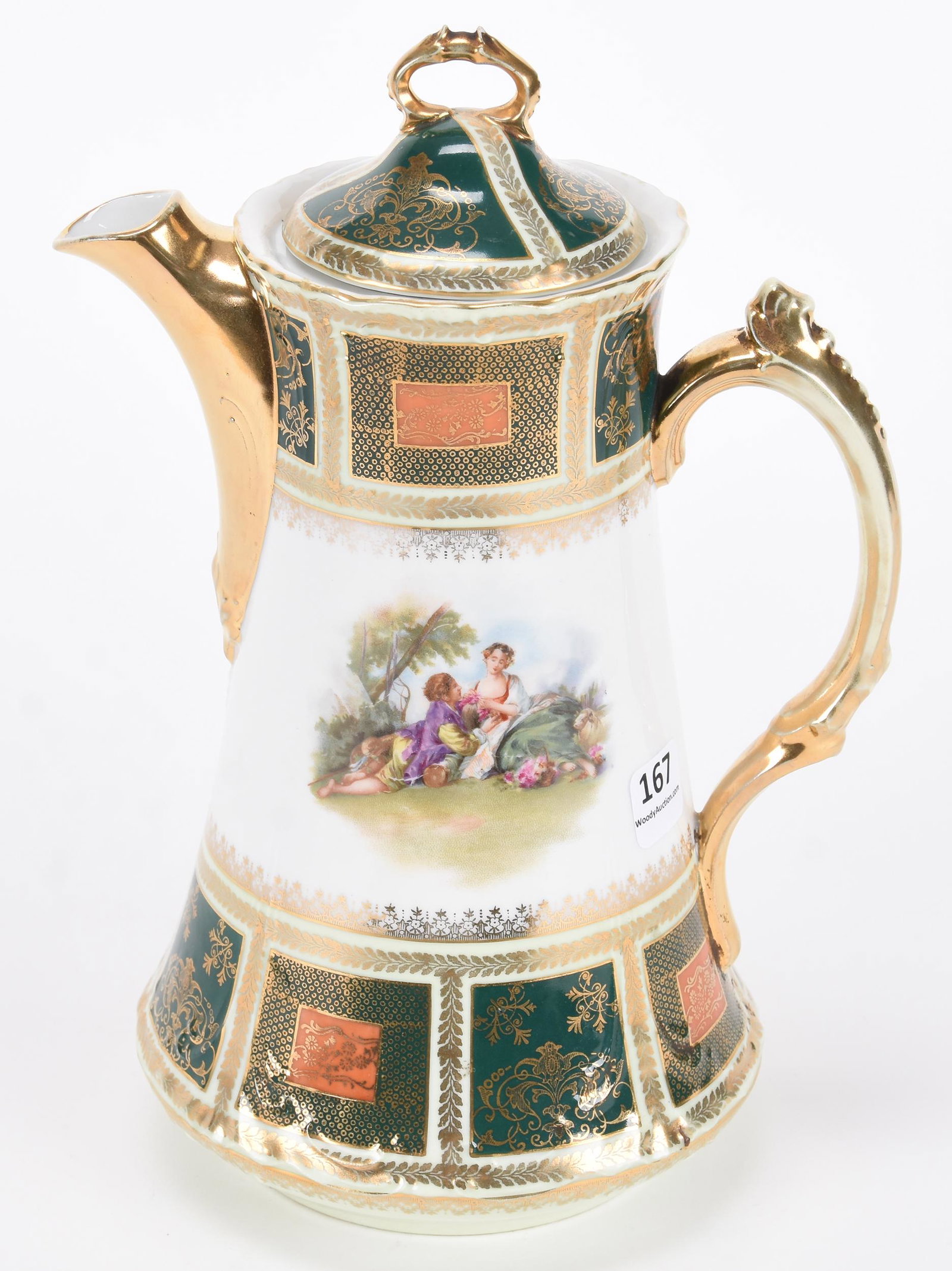 Chocolate Pot marked beehive Austria: Chocolate Pot marked beehive Austria; 10" White, green and orange tones - courting scene decor - heavy gold trim highlights; Hopper Collection, Kansas