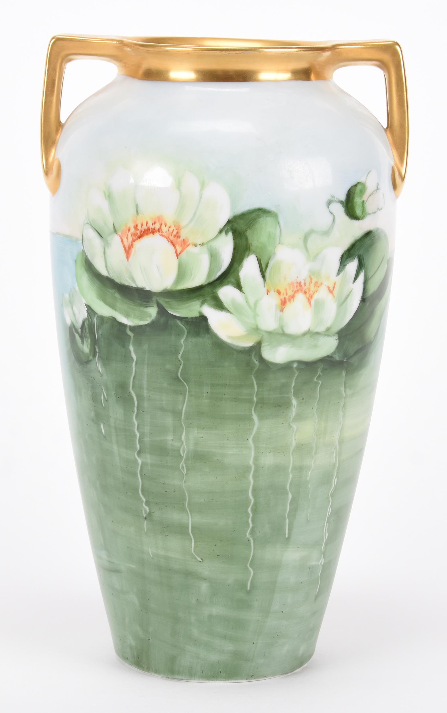 Two-handled Vase marked R.S. Germany: Two-handled Vase marked R.S. Germany; 10.25" Hand-painted waterlily decor, artist signed Clarize Spencer, May 1928; Hopper Collection, Kansas
