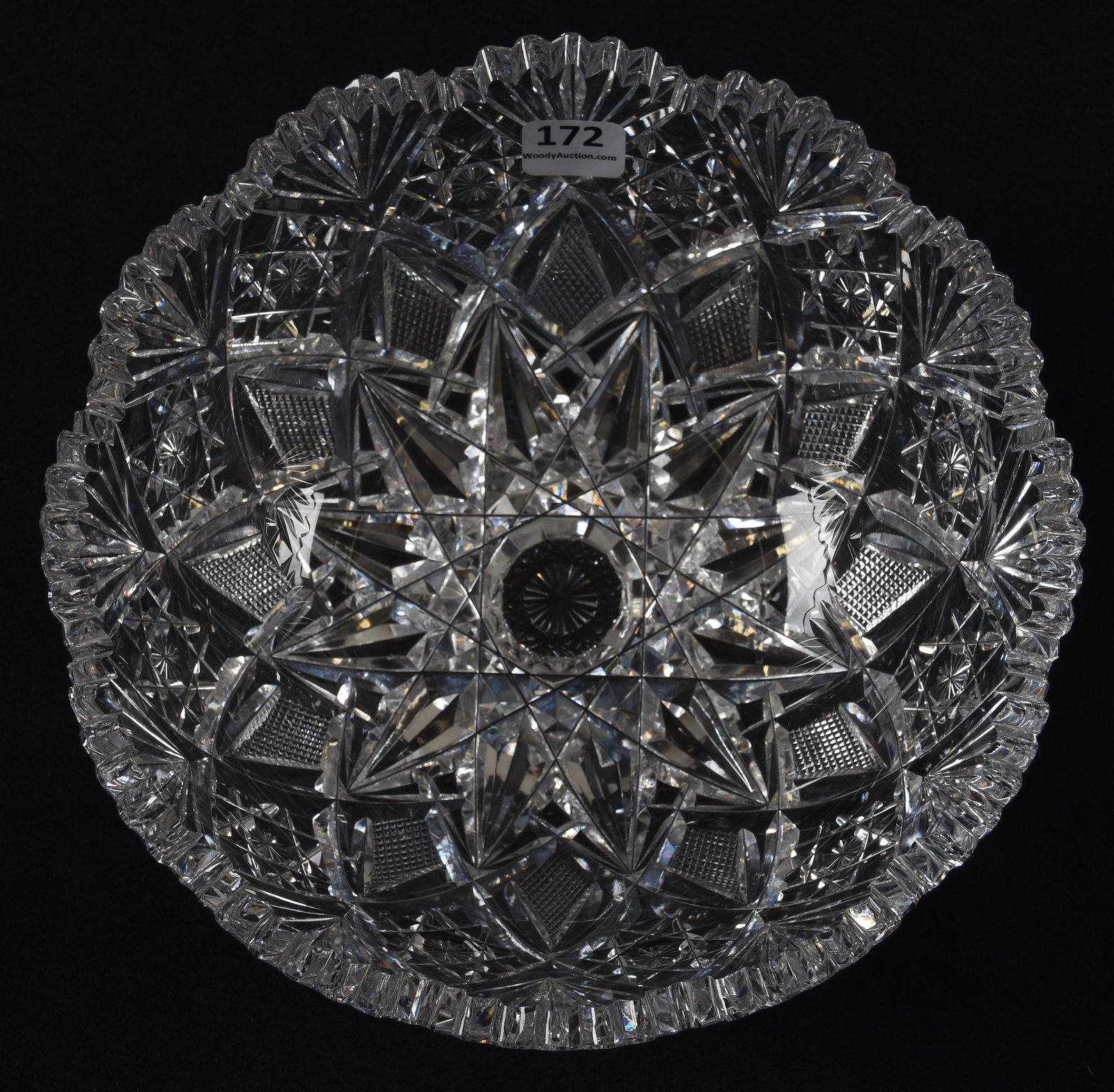 Bowl, American brilliant cut glass: Bowl, American brilliant cut glass; 3.25" x 8.25" Signed Hawkes Gladys pattern, some pattern nicks, teeth chips; Hopper Collection, Kansas; UPDATE 12/31 teeth chips noted as well
