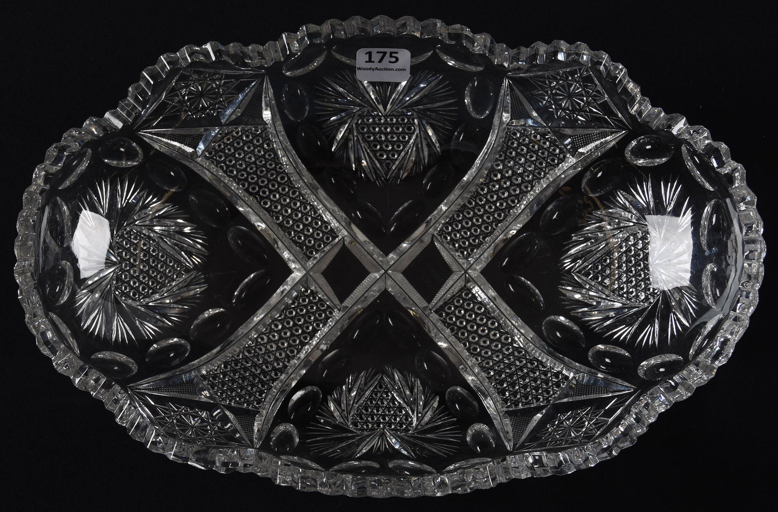 Oval tray, American brilliant cut glass: Oval tray, American brilliant cut glass; 11.5" x 7.5" Heart pattern with nailhead diamond, hobstar and punty highlights, two tooth chips, figured blank; Hopper Collection, Kansas