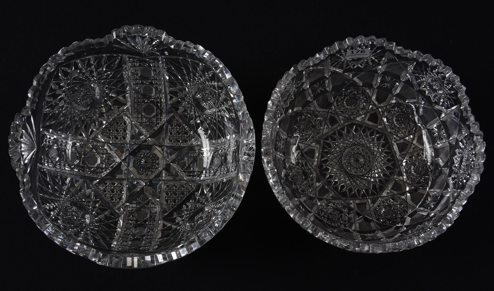 (2) Bowls, American brilliant cut glass: (2) Bowls, American brilliant cut glass; 9", 8" (1) 9" four sections of hobstar, cane and fan motif, one tooth chip; (1) 8" hobstar, strawberry diamond and star motif, one tooth repair; Hopper Collect