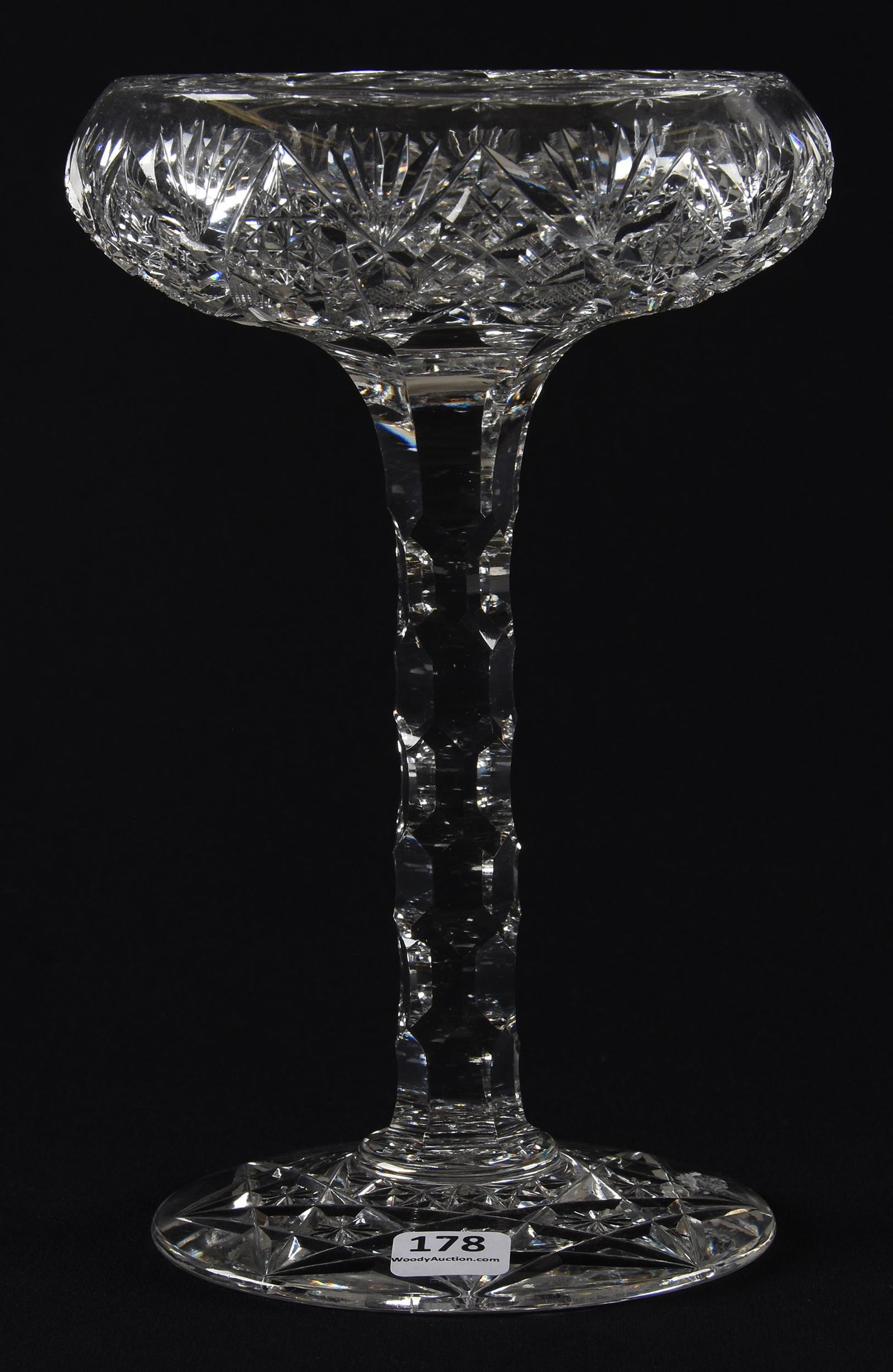Rolled rim compote, American brilliant cut glass: Rolled rim compote, American brilliant cut glass; 9" x 5.5" Well cut hobstar, strawberry diamond, crosshatch and fan, diamond cut stem, pattern cut foot ; Hopper Collection, Kansas