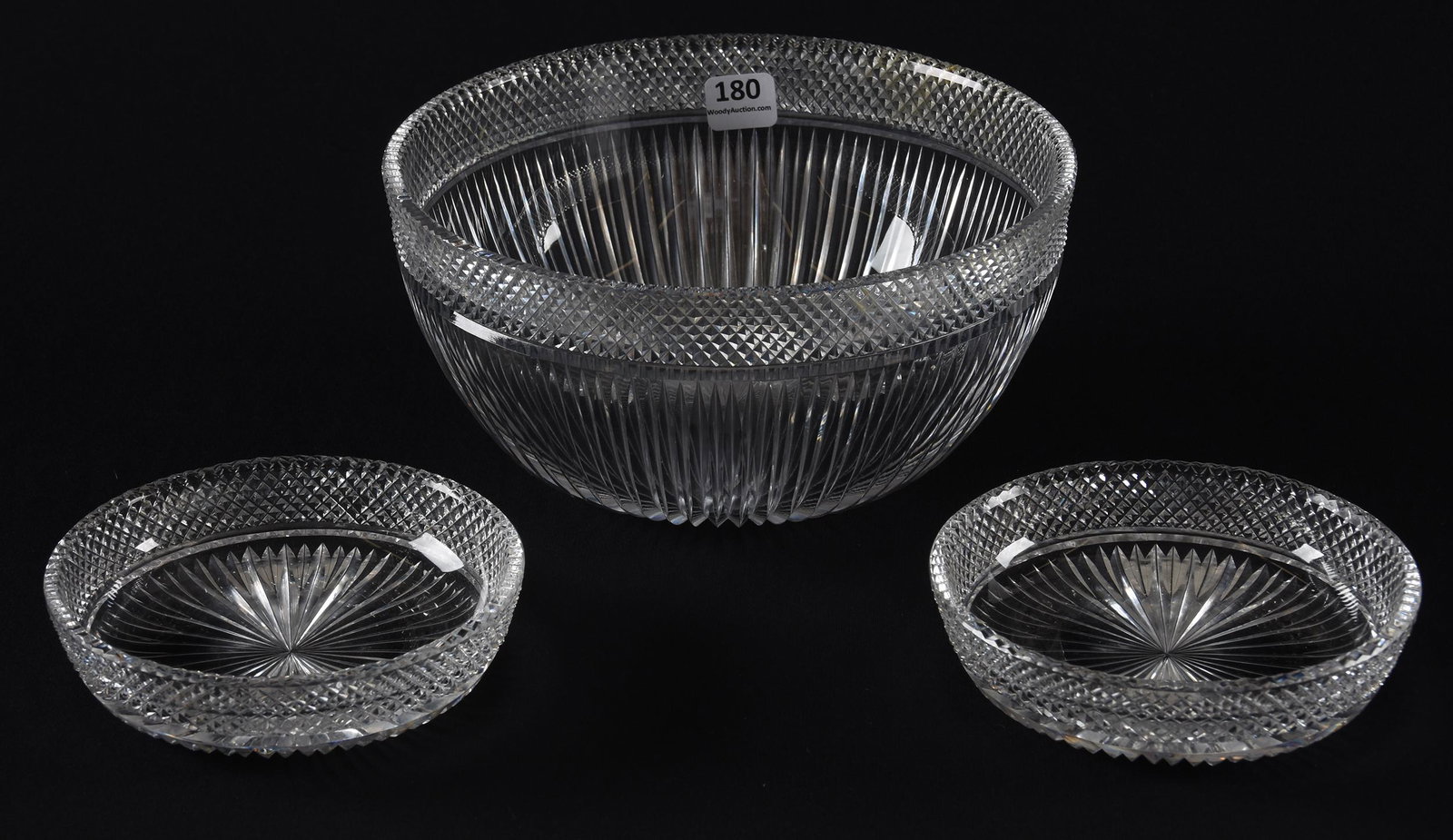 Berry Set, American brilliant cut glass: Berry Set, American brilliant cut glass; 8" Master bowl in mitre pattern with diamond cut border, sells with (2) 5" berry dishes, some pattern roughness; Hopper Collection, Kansas