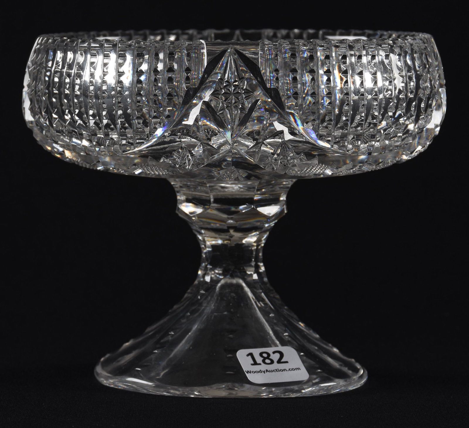 Compote, American brilliant cut glass: Compote, American brilliant cut glass; 5" x 5.5" Hobstar, strawberry diamond, prism and fan motif, petticoat foot; Hopper Collection, Kansas