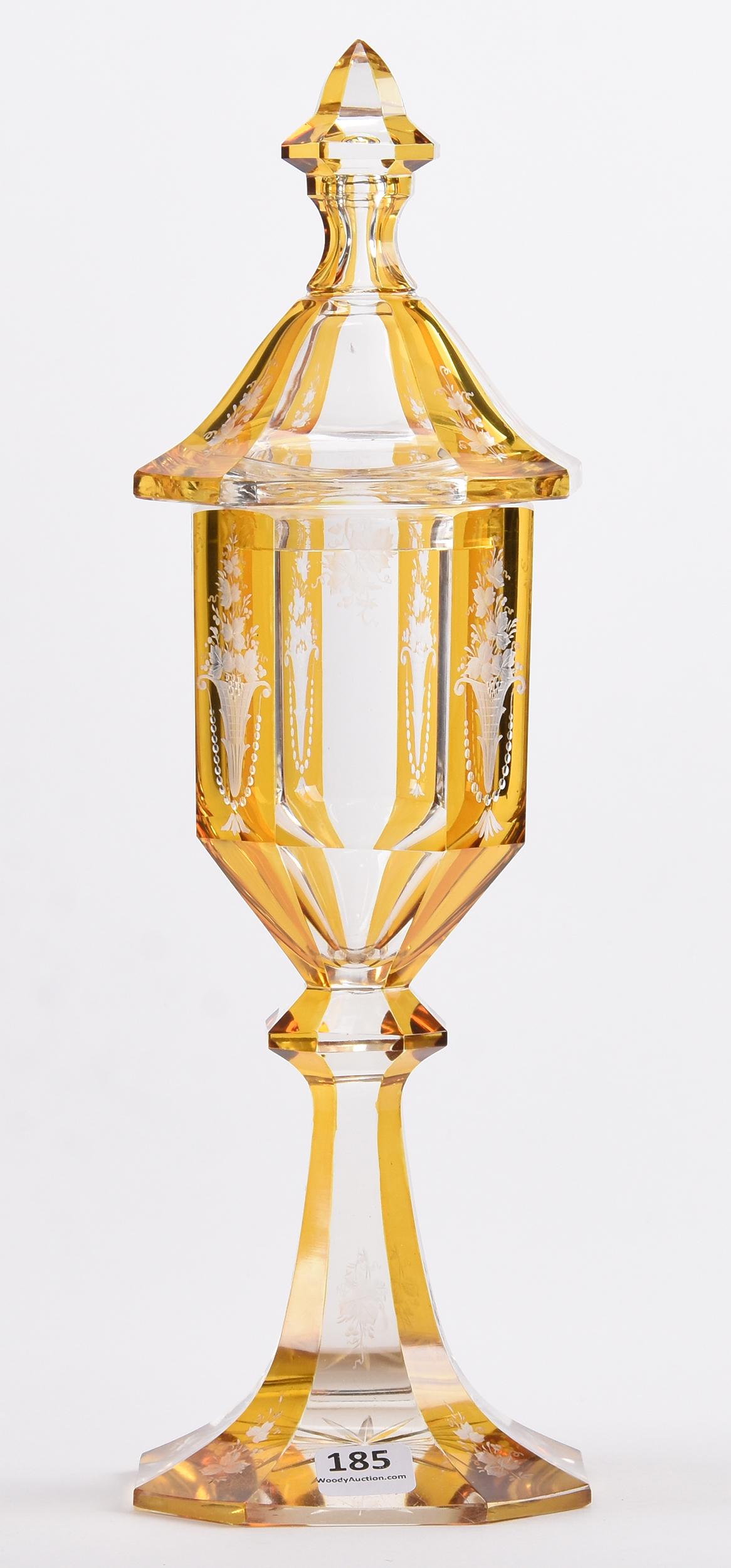 Bohemian amber panel covered jar/pokal: Bohemian amber panel covered jar/pokal; 13.25" Engraved floral designs; Hopper Collection, Kansas