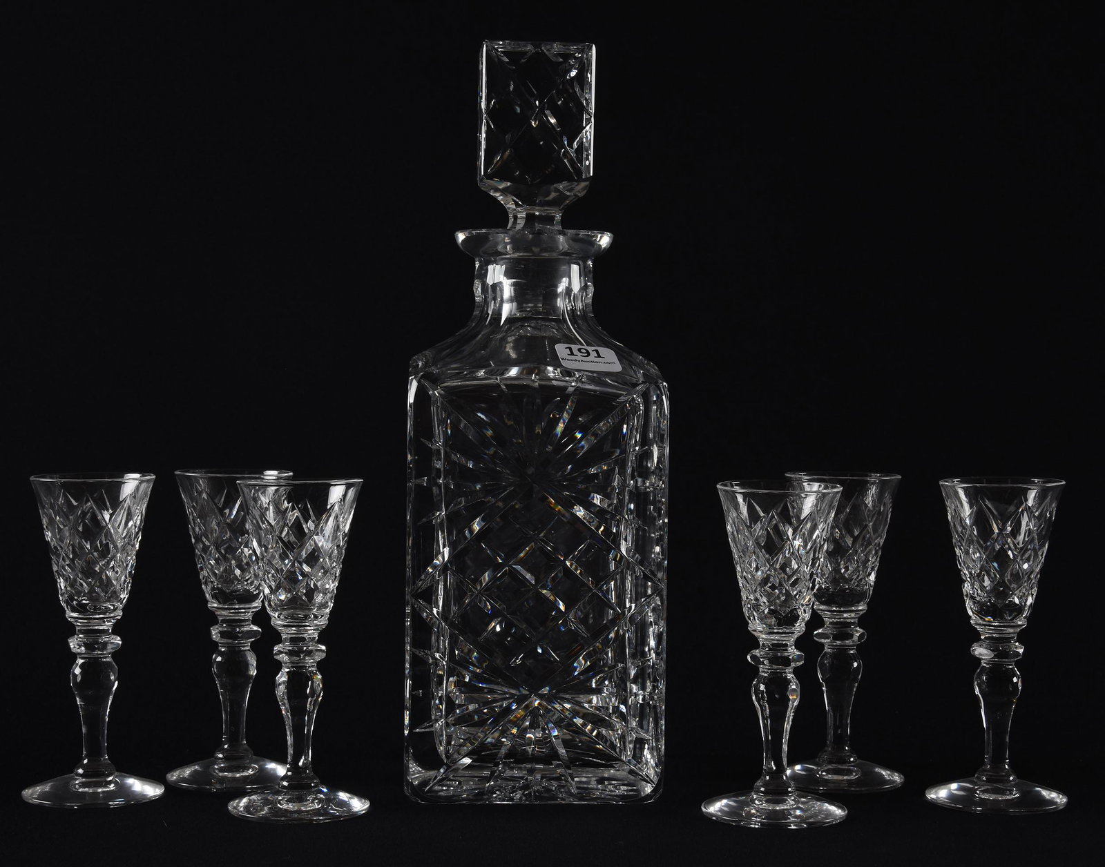 Unmarked Waterford style decanter set: Unmarked Waterford style decanter set; 10.75" Square 10.75" decanter and (6) 4.5" matching cordials, diamond cut pattern, chip on stopper plug; Hopper Collection, Kansas
