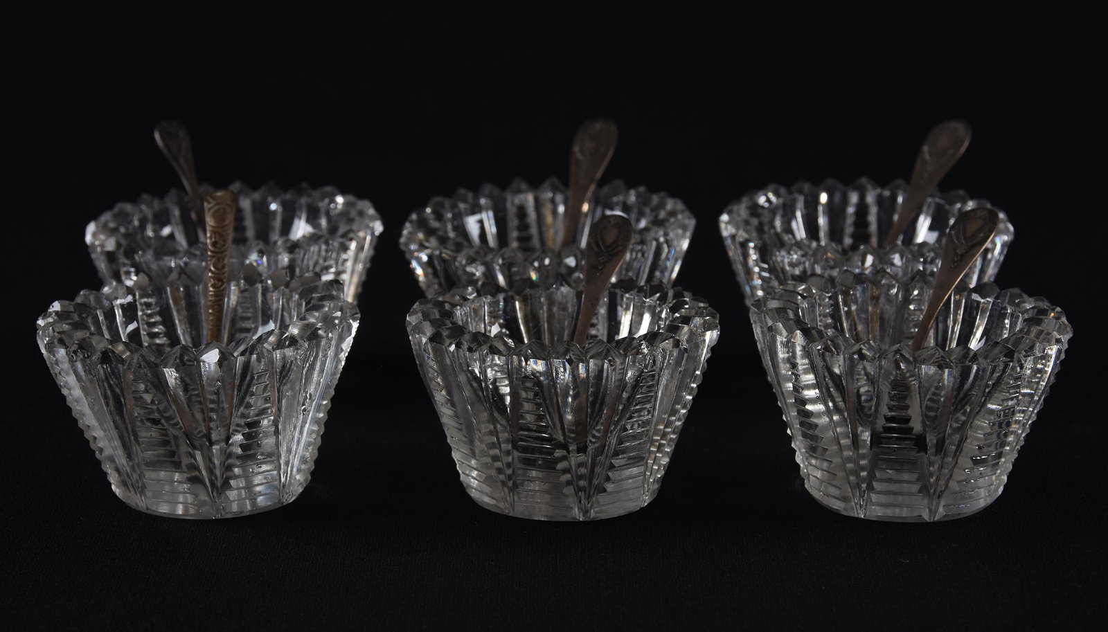 (6) Salt dips, American brilliant cut glass: (6) Salt dips, American brilliant cut glass; 2" Zipper and fan motif - selling with (6) sterling salt spoons; Hopper Collection, Kansas