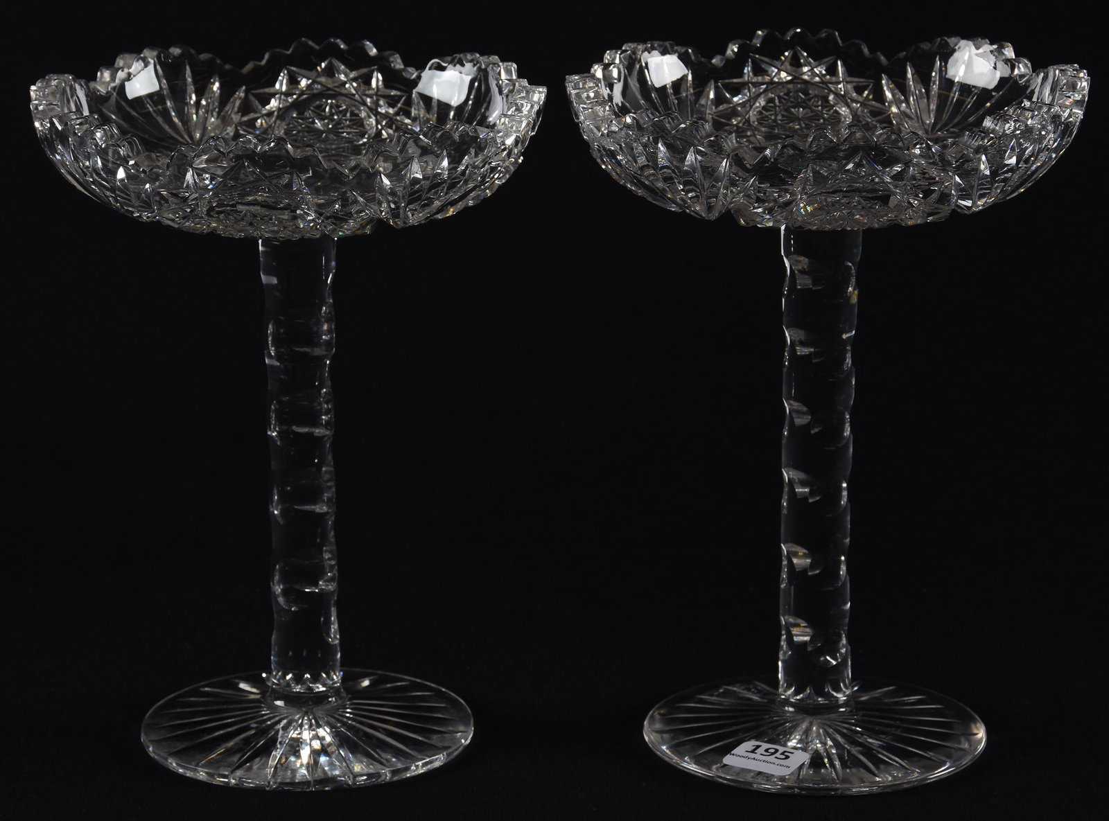 Pair compotes, American brilliant cut glass: Pair compotes, American brilliant cut glass; 8" x 6" Hobstar and fan motif, solid stem with notched highlights, ray cut foot, some edge roughness; Hopper Collection, Kansas