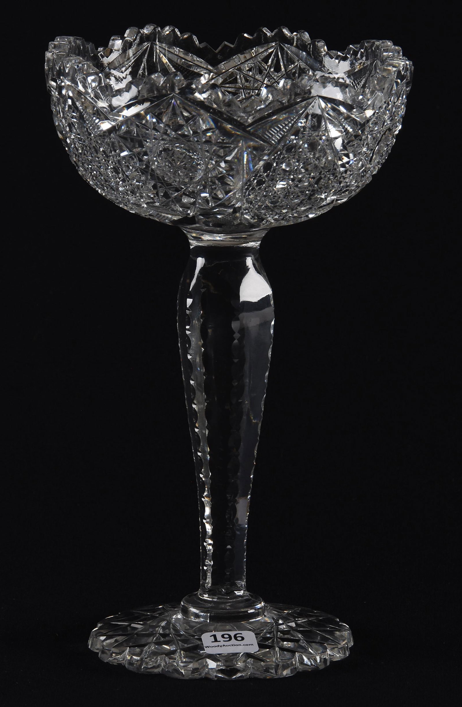 Compote, American brilliant cut glass: Compote, American brilliant cut glass; 10" x 6" Hobstar and cane motif, solid notched stem, scalloped hobstar foot; Hopper Collection, Kansas