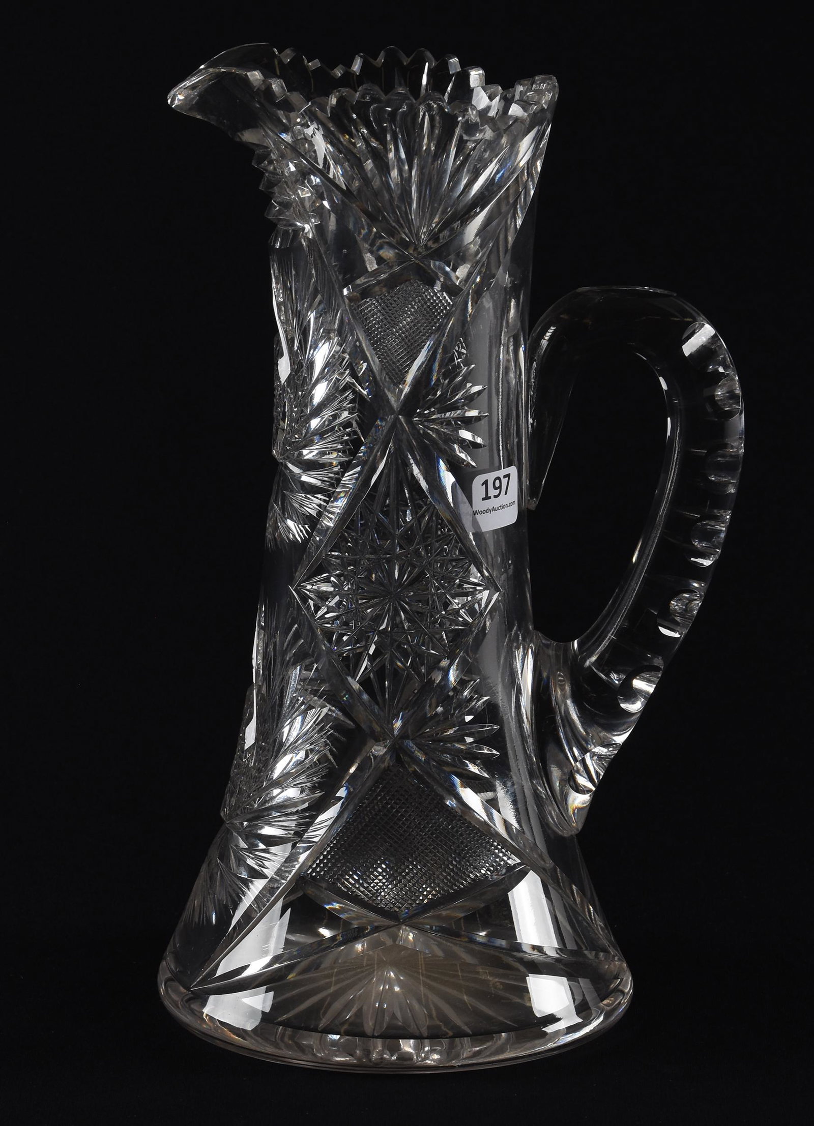 Tankard, American brilliant cut glass: Tankard, American brilliant cut glass; 11.75" Pinwheel, hobstar, strawberry diamond and fan motif, double notched handle, ray cut base; Hopper Collection, Kansas