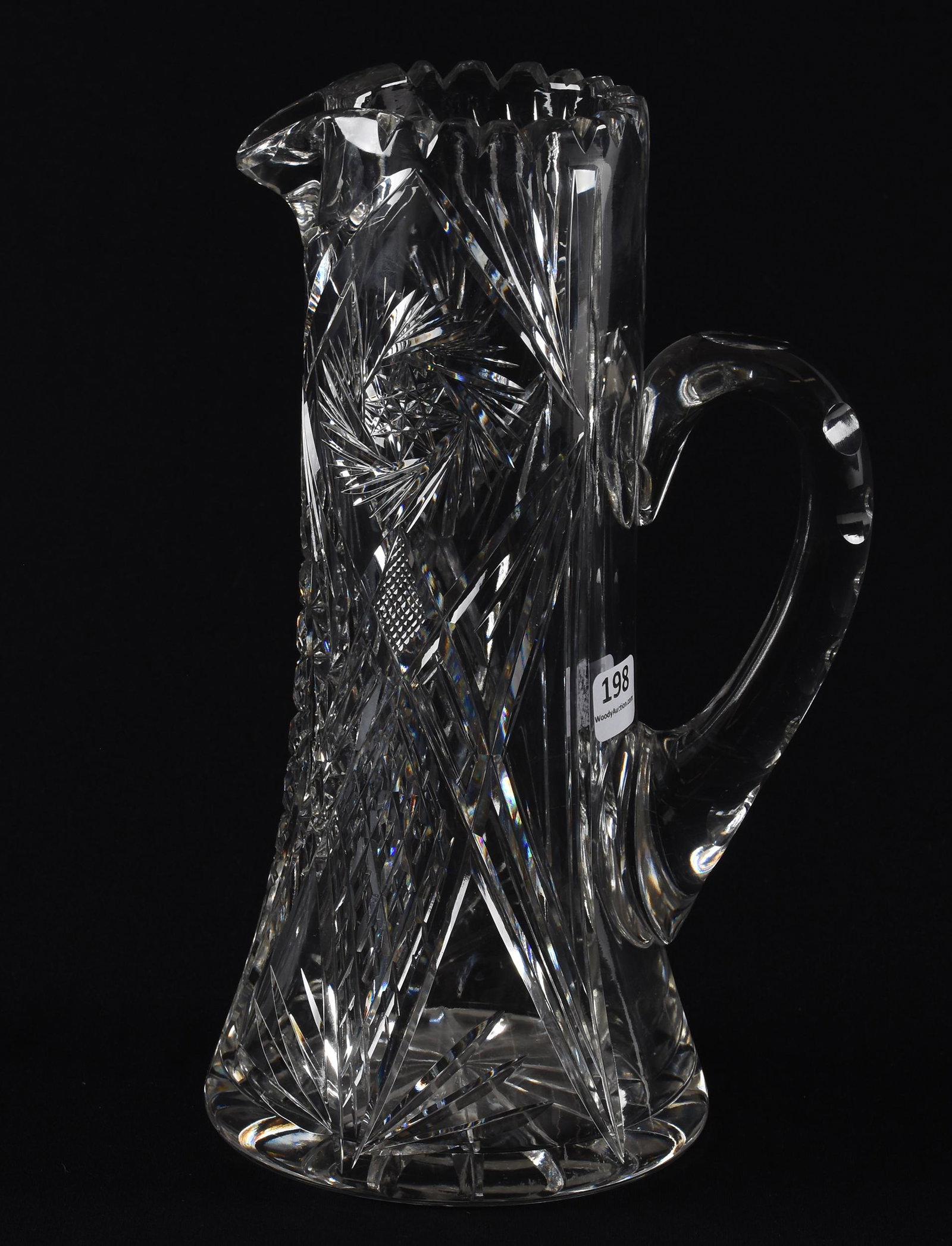 Tankard, American brilliant cut glass: Tankard, American brilliant cut glass; 10.5" Pinwheel, diamond, strawberry diamond, crosscut diamond and fan motif, double notched handle, ray cut base; Hopper Collection, Kansas