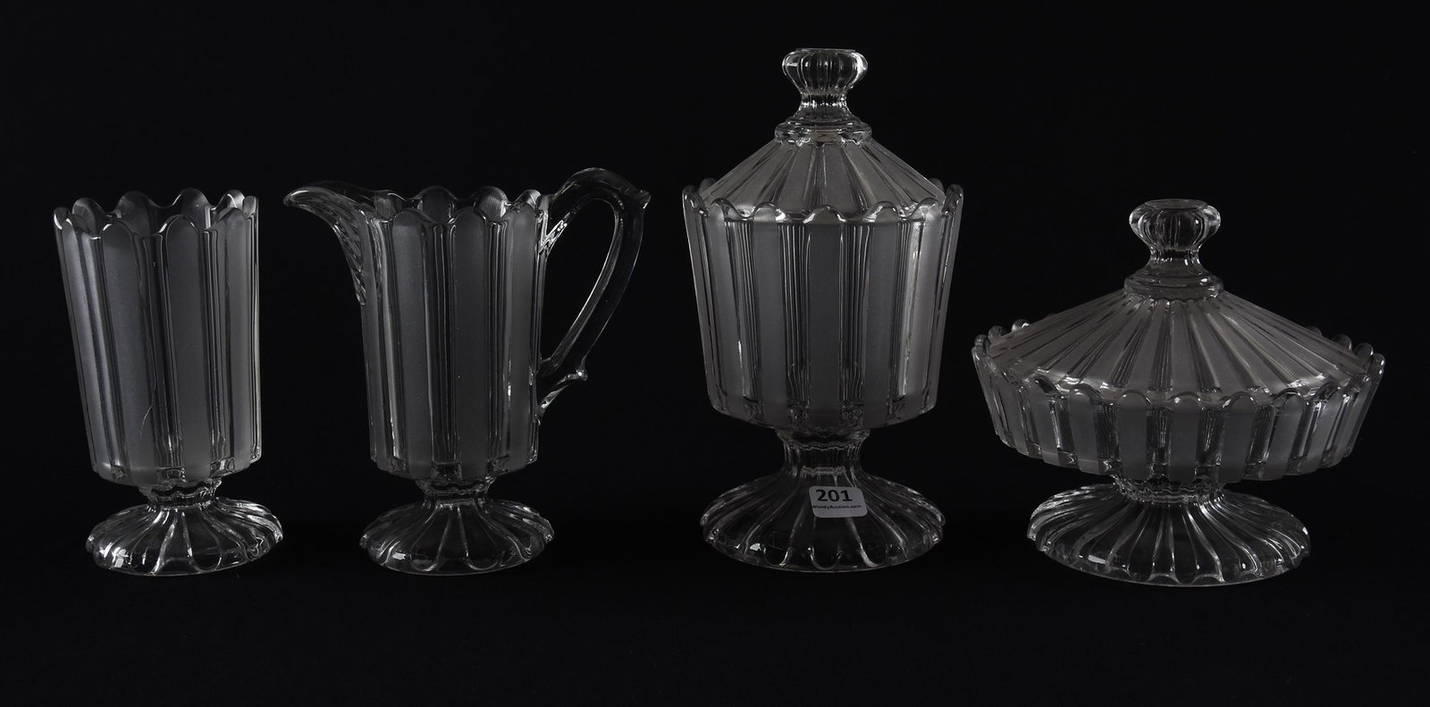 Pattern glass table set: Pattern glass table set; Alternating clear and frosted panels, pedestal - covered butter, creamer, sugar and spooner ; Hopper Collection, Kansas