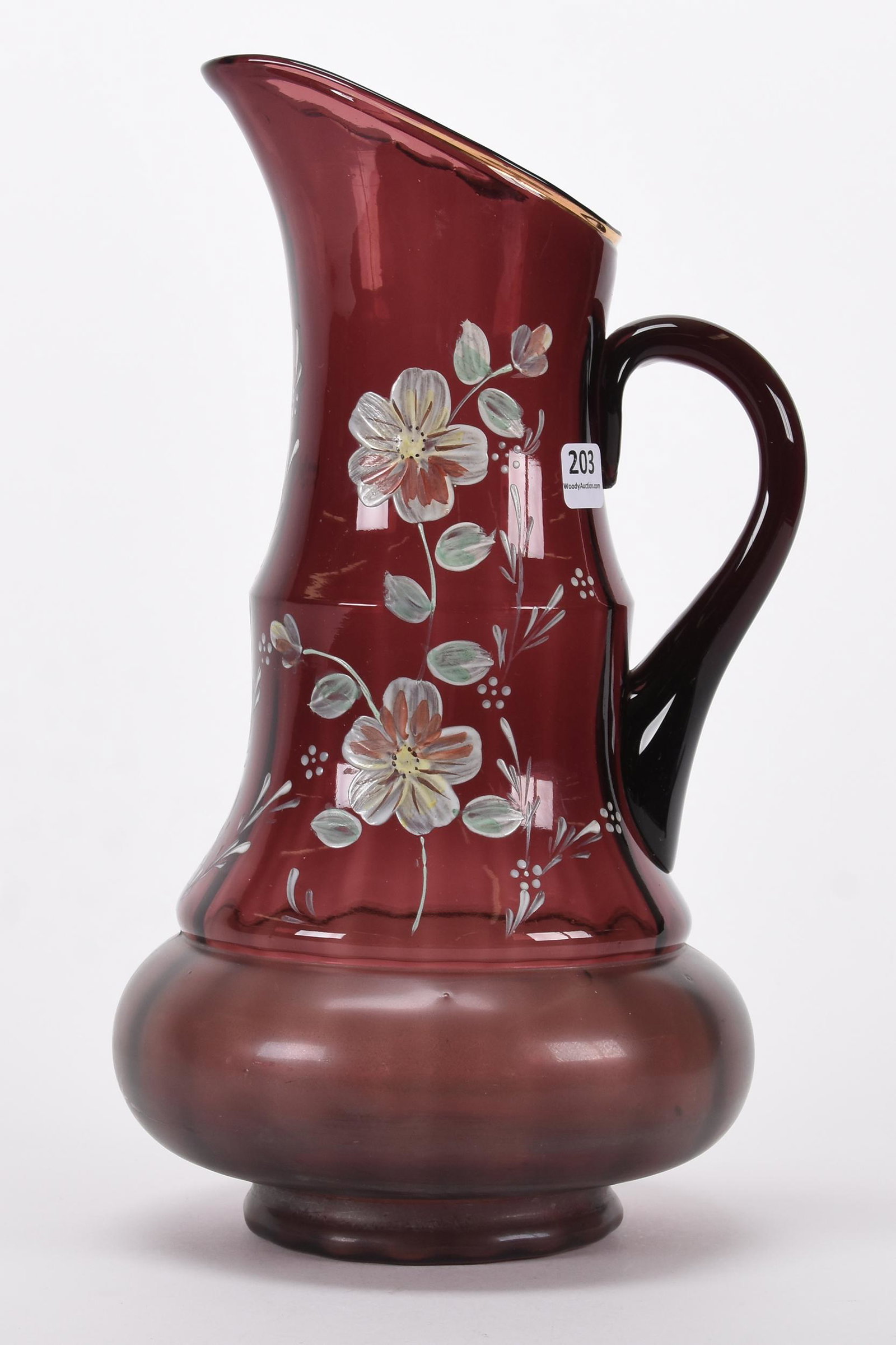 Tankard, amethyst art glass: Tankard, amethyst art glass; 12.5" Enamel floral decor, frosted bulbous base; Hopper Collection, Kansas