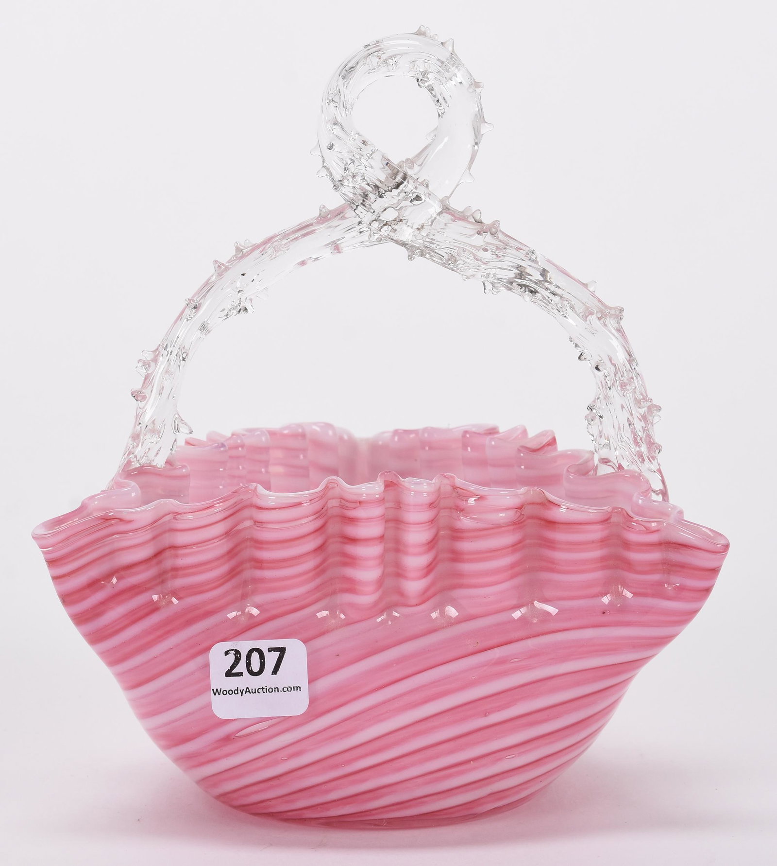 Art glass basket, Pink and white cased Nailsea: Art glass basket, Pink and white cased Nailsea; 7" Tri-corner ruffled bowl with clear applied handle; Hopper Collection, Kansas