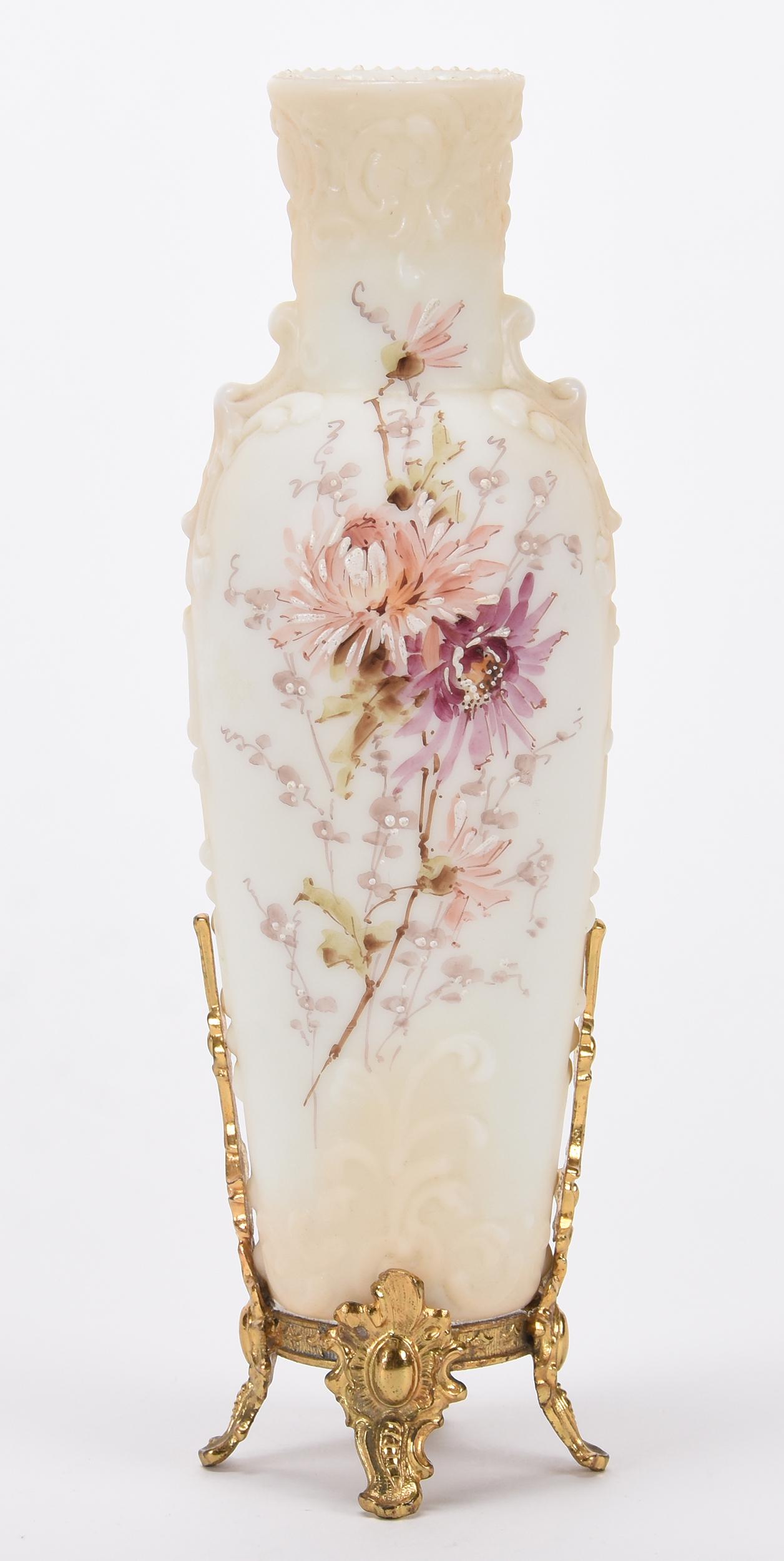 Vase, signed Wave Crest: Vase, signed Wave Crest; 10.5" White and cream tones with floral decor, enamel highlights, gilt metal feet; Hopper Collection, Kansas