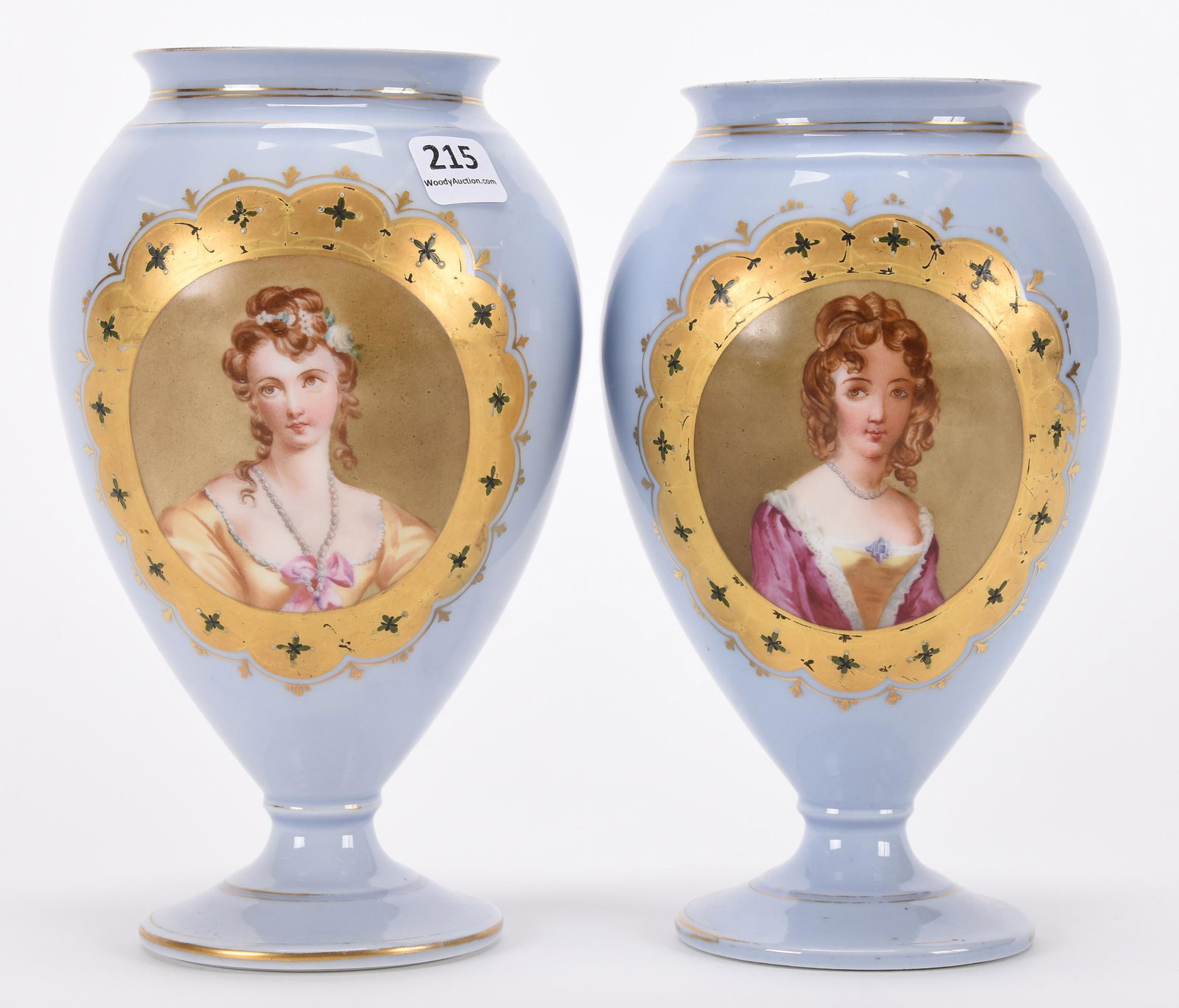 Pair vases, unmarked porcelain: Pair vases, unmarked porcelain; 8" Pale blue with portraits of young woment, gold stencil highlights, circa 1900, slight difference in height; Hopper Collection, Kansas