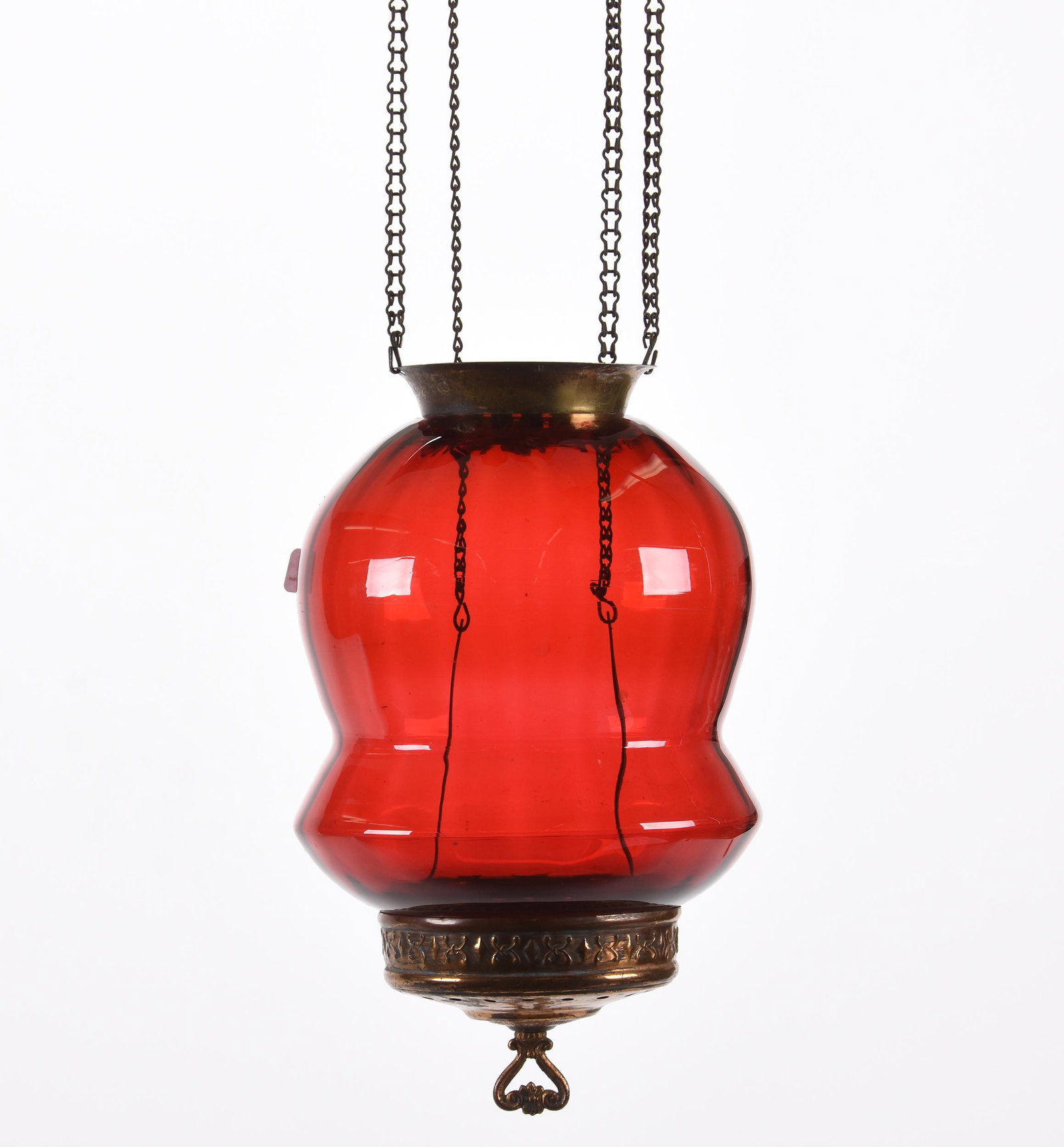 Hanging hall light, cranberry art glass shade: Hanging hall light, cranberry art glass shade; 11" ; Shade measures approximately 7.5", no place for light fixture, selling shade and frame only ; Hopper Collection, Kansas