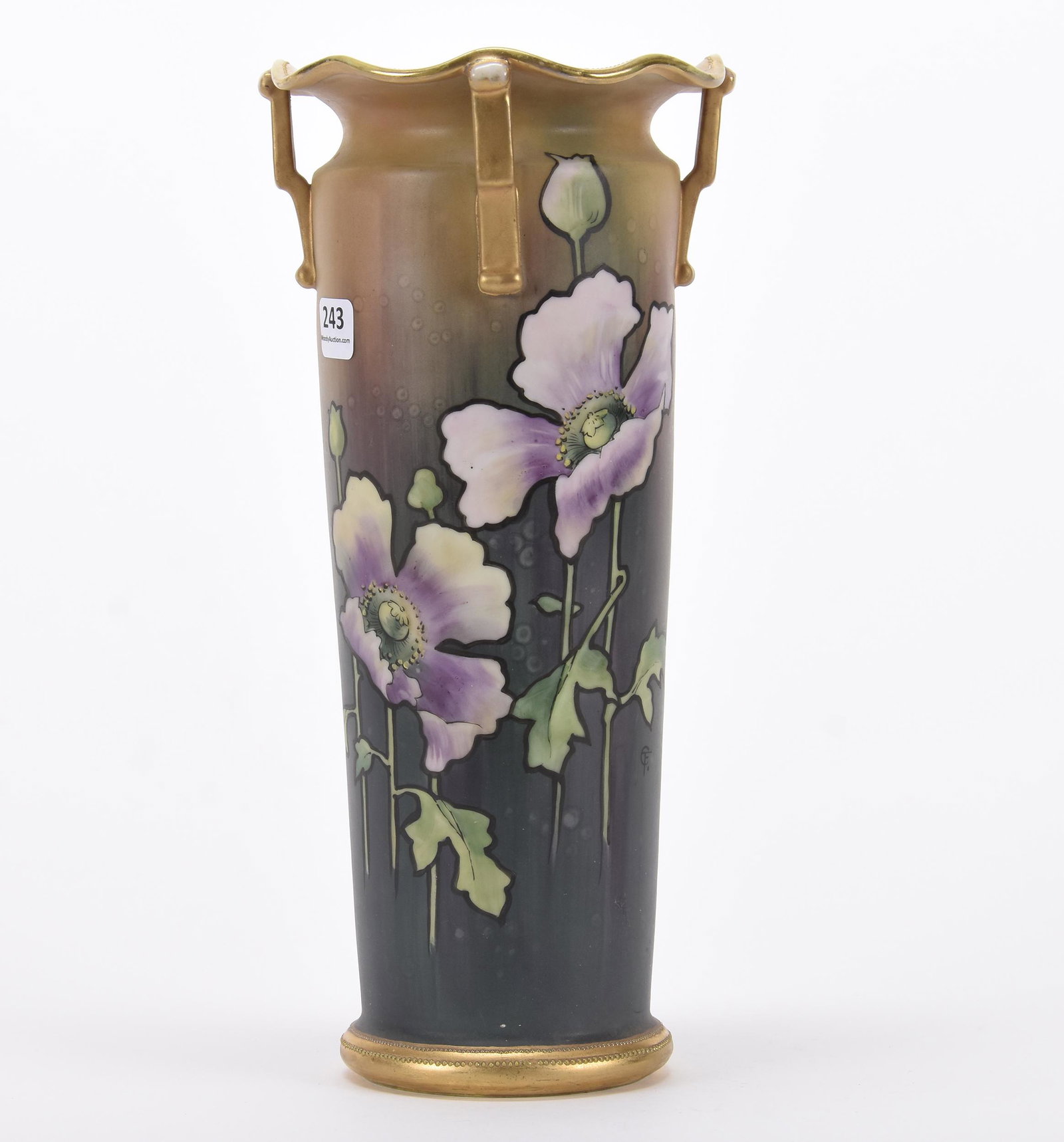 Vase marked Nippon: Vase marked Nippon; 12" Gray and brown tones with lavender poppy decor ; Hopper Collection, Kansas