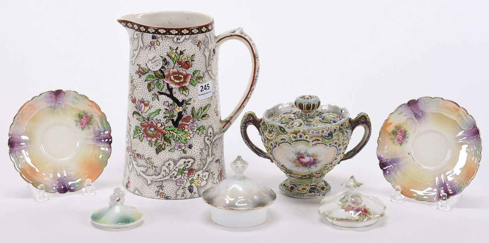 Assorted group of porcelain items: Assorted group of porcelain items; (1) 7.5" Pitcher marked "Bayeux" pattern by Myott & Son, some crazing; (1) Nippon style sugar bowl with colorful enamel moriaga decor, lid is for chocolate pot, matc