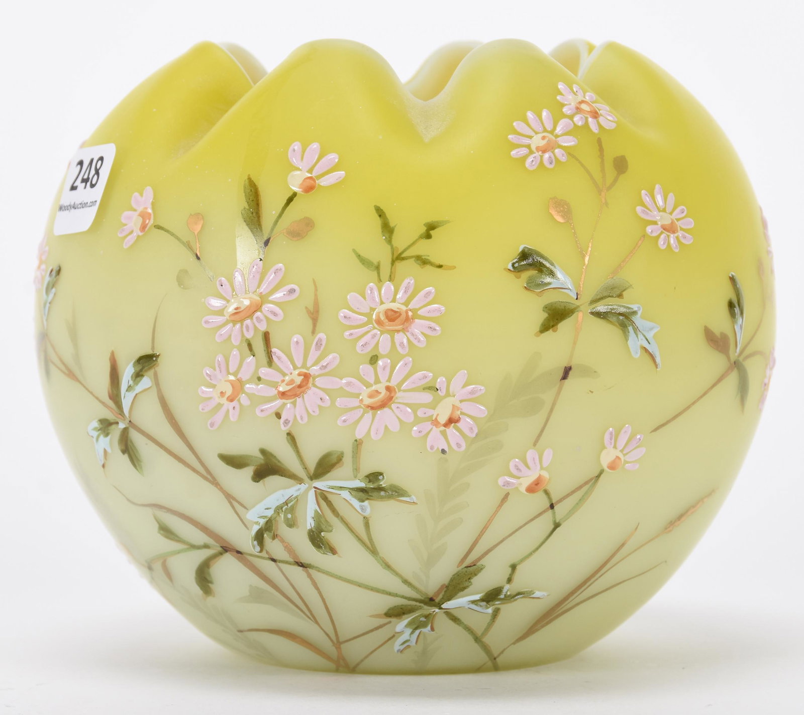 Rose Bowl, art glass: Rose Bowl, art glass; 4.75" x 5.5" Yellow satin with heavy enamel daisy decor ; Hopper Collection, Kansas