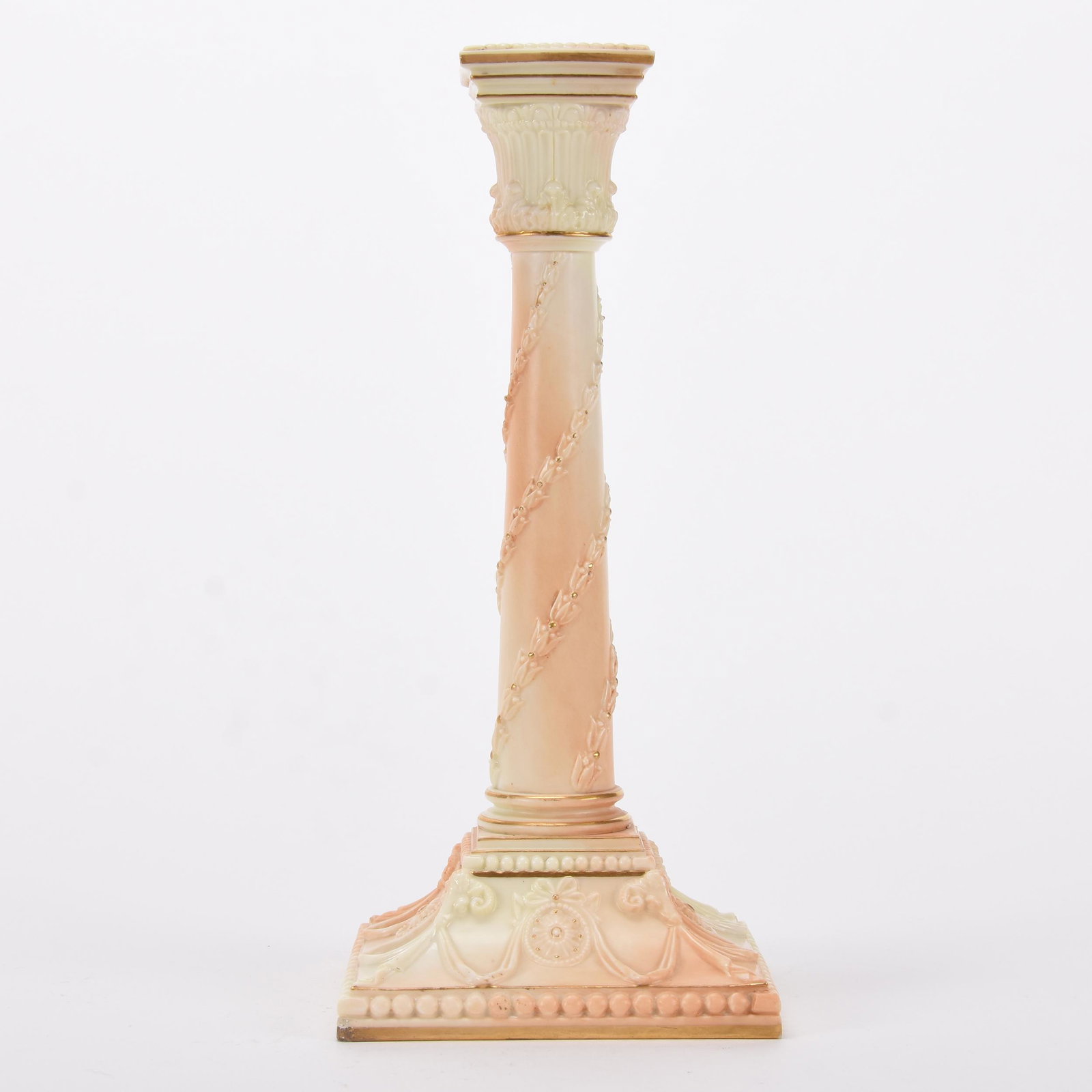 Candlestick marked Royal Worcester #1050: Candlestick marked Royal Worcester #1050; 10.25" Square column shape with garland highlights ; Hopper Collection, Kansas