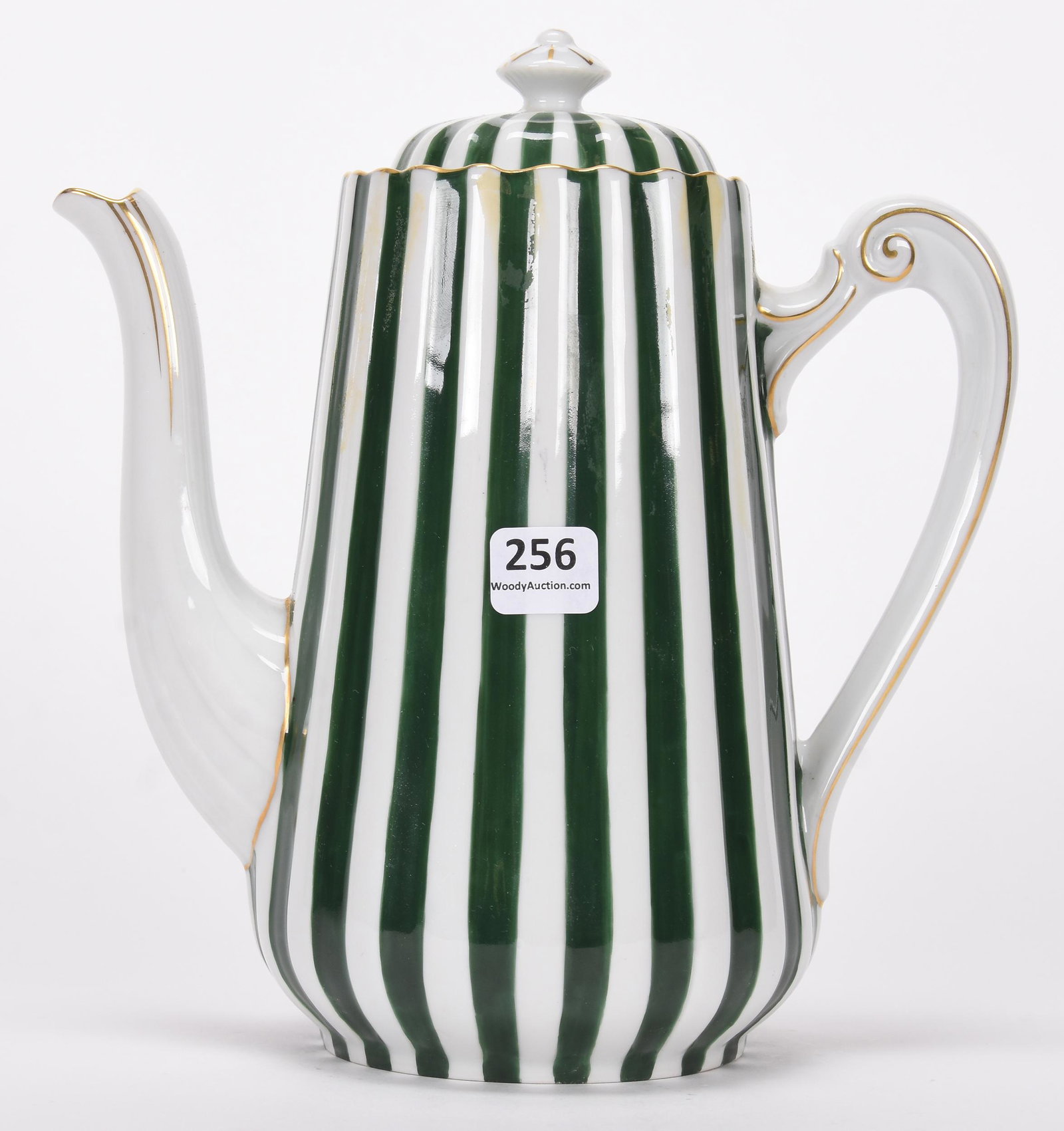Coffee pot marked R.S. Silesia: Coffee pot marked R.S. Silesia; 8.5" Green and white striped, unusual; Hopper Collection, Kansas