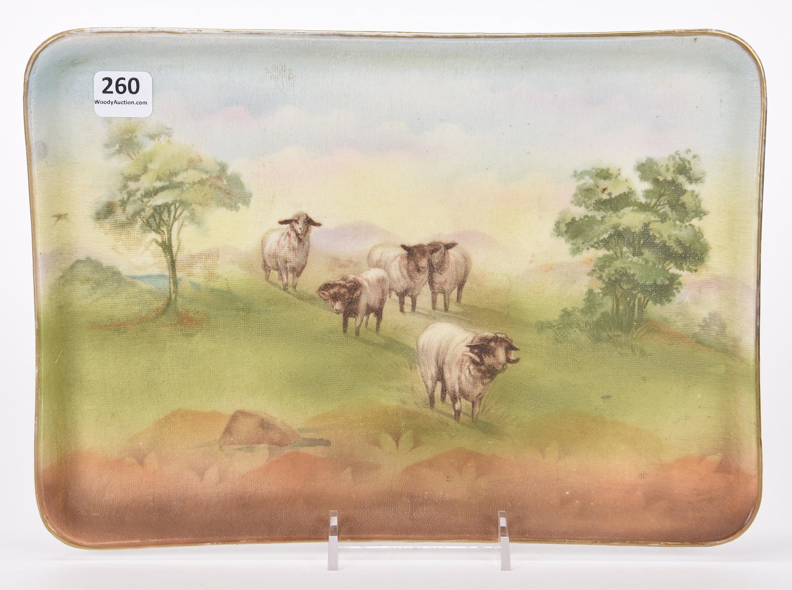 Dresser tray marked Royal Bayreuth (blue mark): Dresser tray marked Royal Bayreuth (blue mark); 11" Sheep scenic decor, tapestry finish; Hopper Collection, Kansas