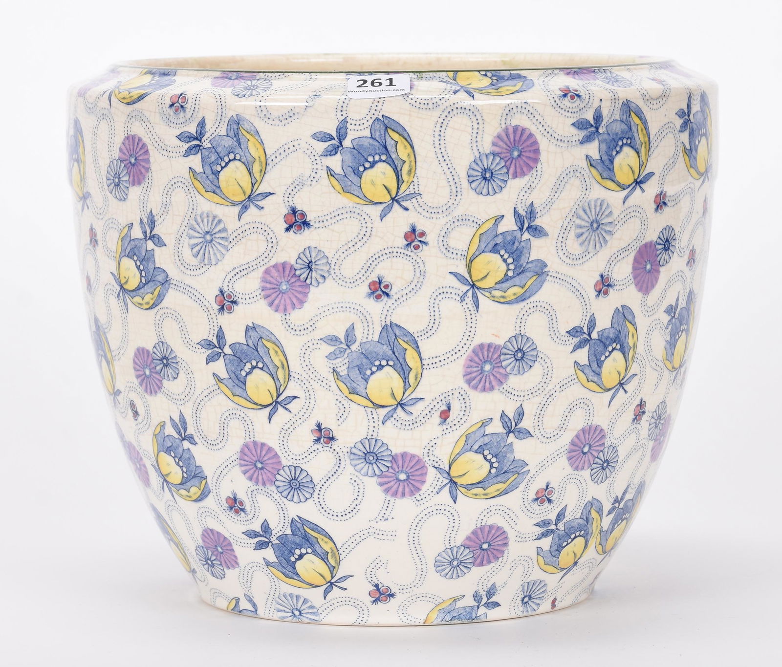 Jardiniere, polychromatic flow blue: Jardiniere, polychromatic flow blue; 8.25" x 10" Marked "Poppy" pattern, "England" Hopper Collection, Kansas
