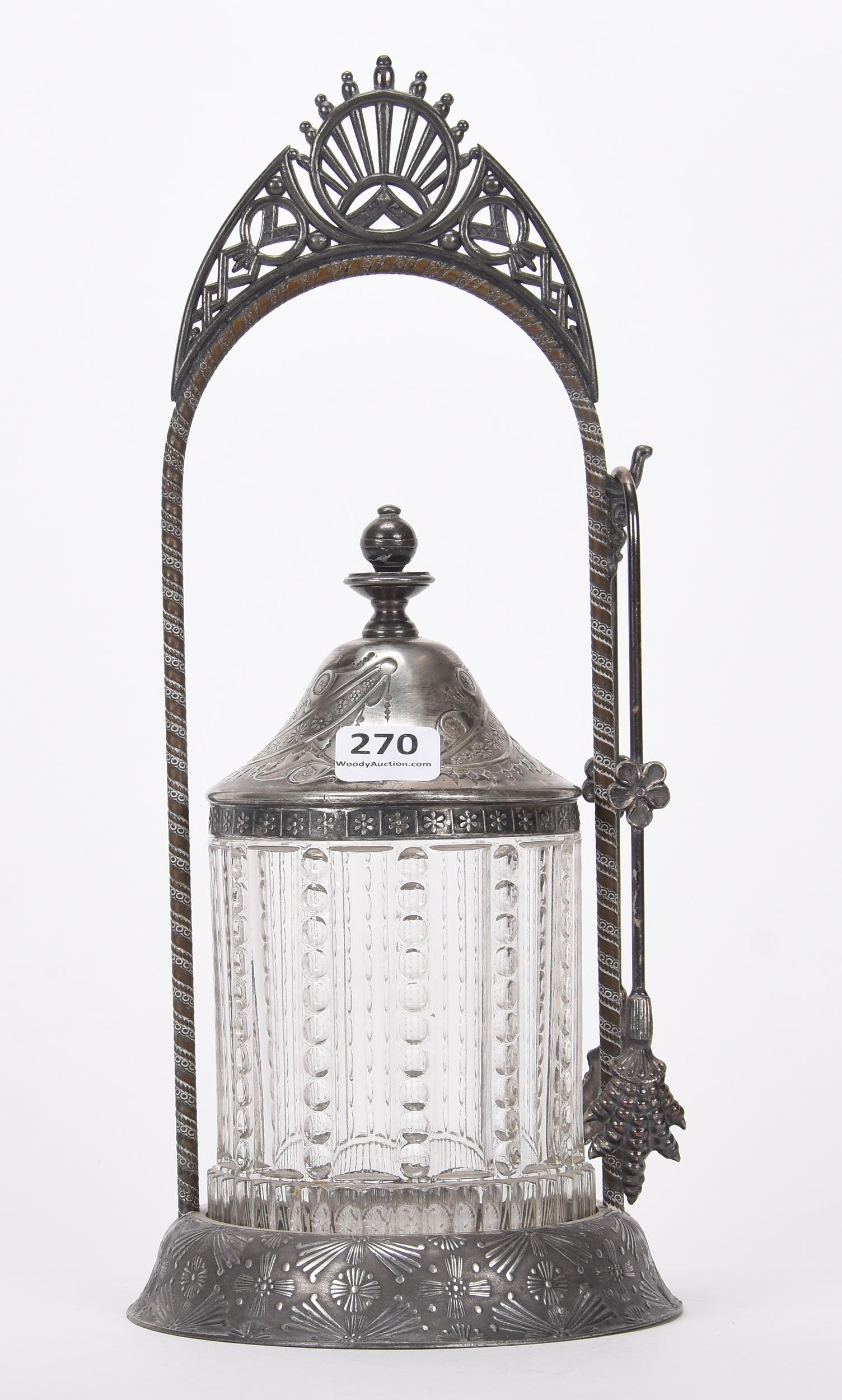 Pickle castor: Pickle castor; 11" Clear pattern glass insert with column punty highlights, set on Easton #766 silverplate frame; Hopper Collection, Kansas
