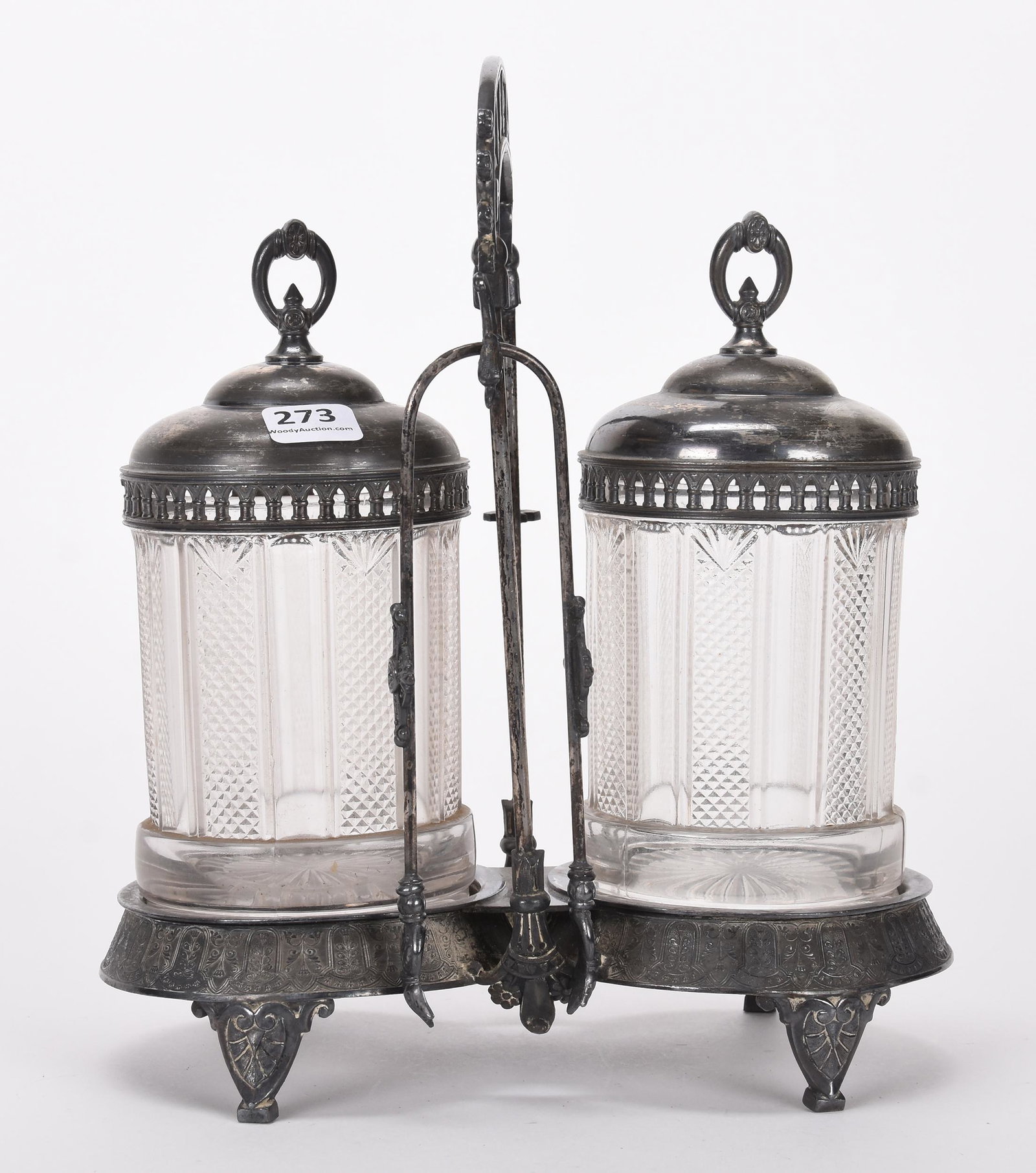 Double pickle castor: Double pickle castor; 10" x 8.5" Two clear pattern glass inserts, set on Meriden #12 silverplate frame; Hopper Collection, Kansas