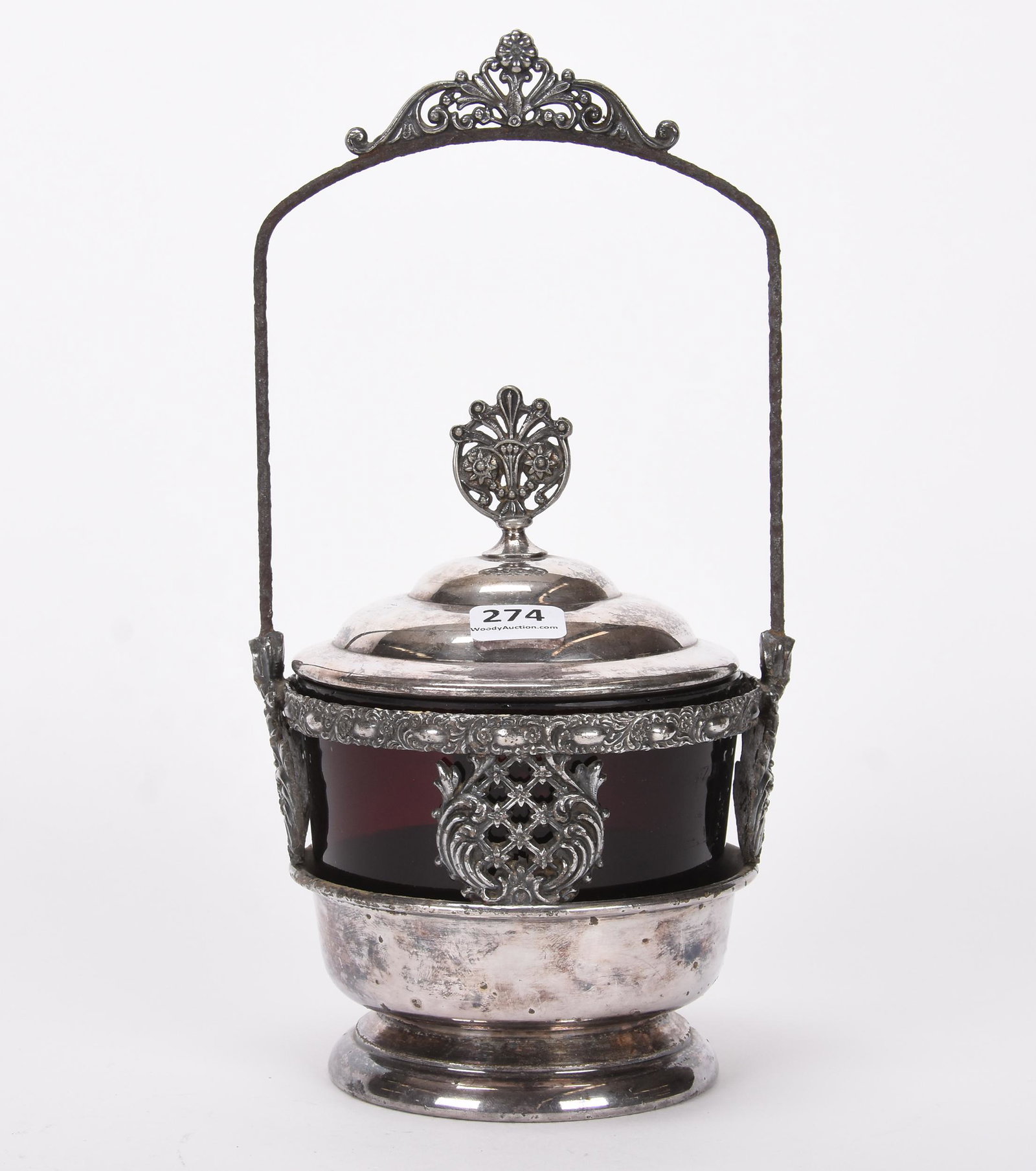 Pickle castor: Pickle castor; 10" Pigeonblood art glass insert, set on Monarch #9?3 silverplate frame; Hopper Collection, Kansas