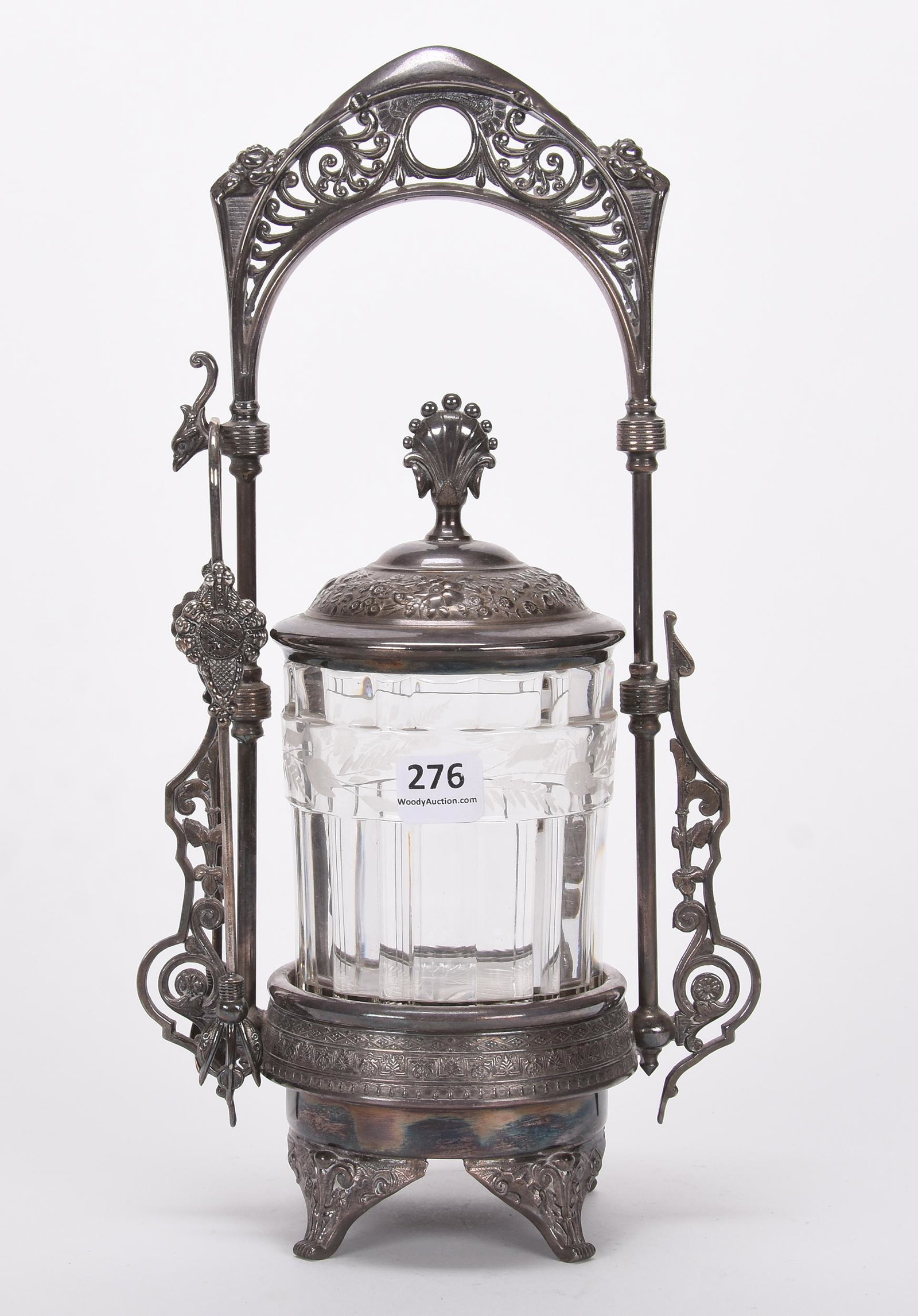 Pickle castor: Pickle castor; 12.25" Clear pattern glass insert with pillar and engraved floral band motif, set on Webster #44 silverplate frame; Hopper Collection, Kansas