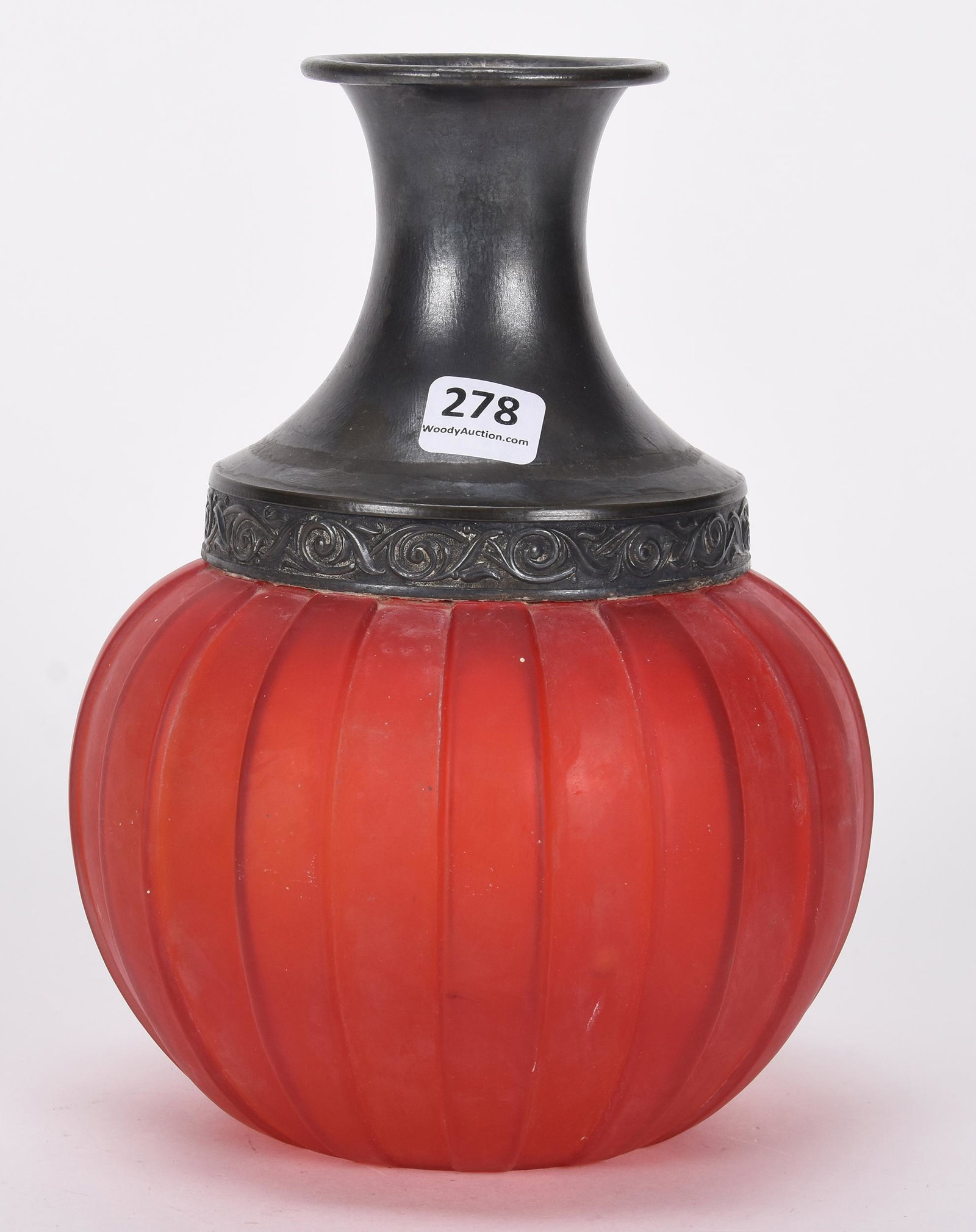 Water carafe, pigeonblood satin: Water carafe, pigeonblood satin; 8" Torquay pattern, silverplate neck ; Hopper Collection, Kansas